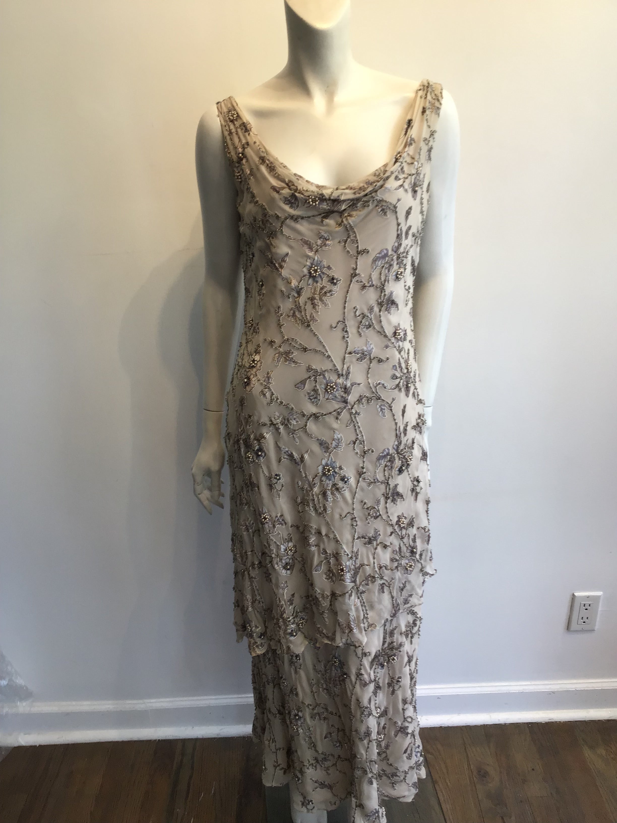 1990s Victoria Royal Taupe Silk Evening Gown Size 16
