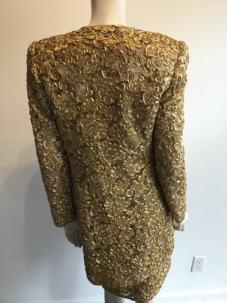 1980's Mary McFadden Unworn Couture Gold Lace Two piece Dinner Suit size 10