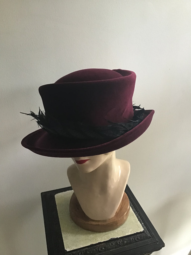 2000s Phillip Treacy Cranberry Velvet Hat with Feather