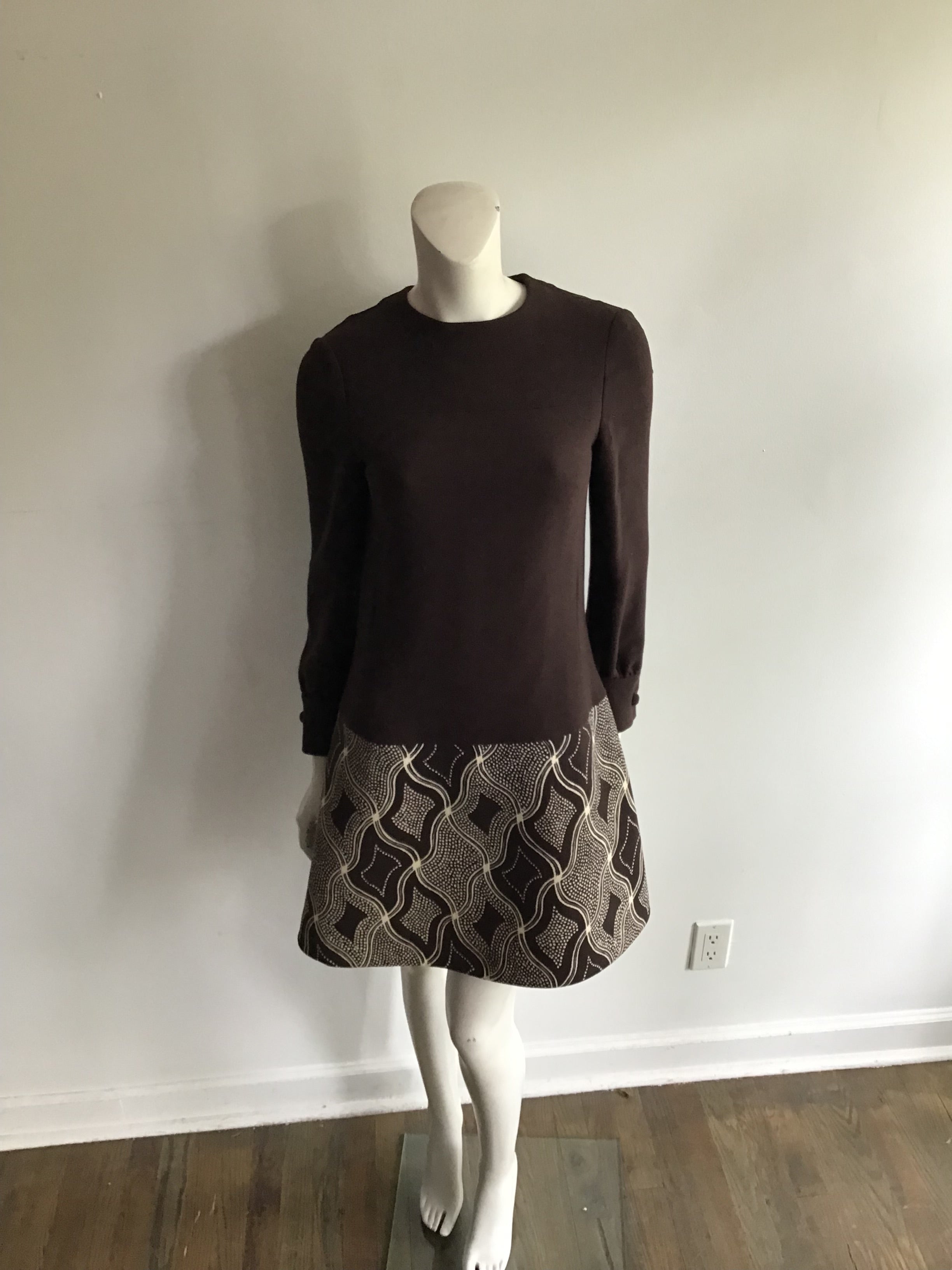 1960s Wool/Wool Crepe Brown Printed Dress with Jacket and Scarf Size 8