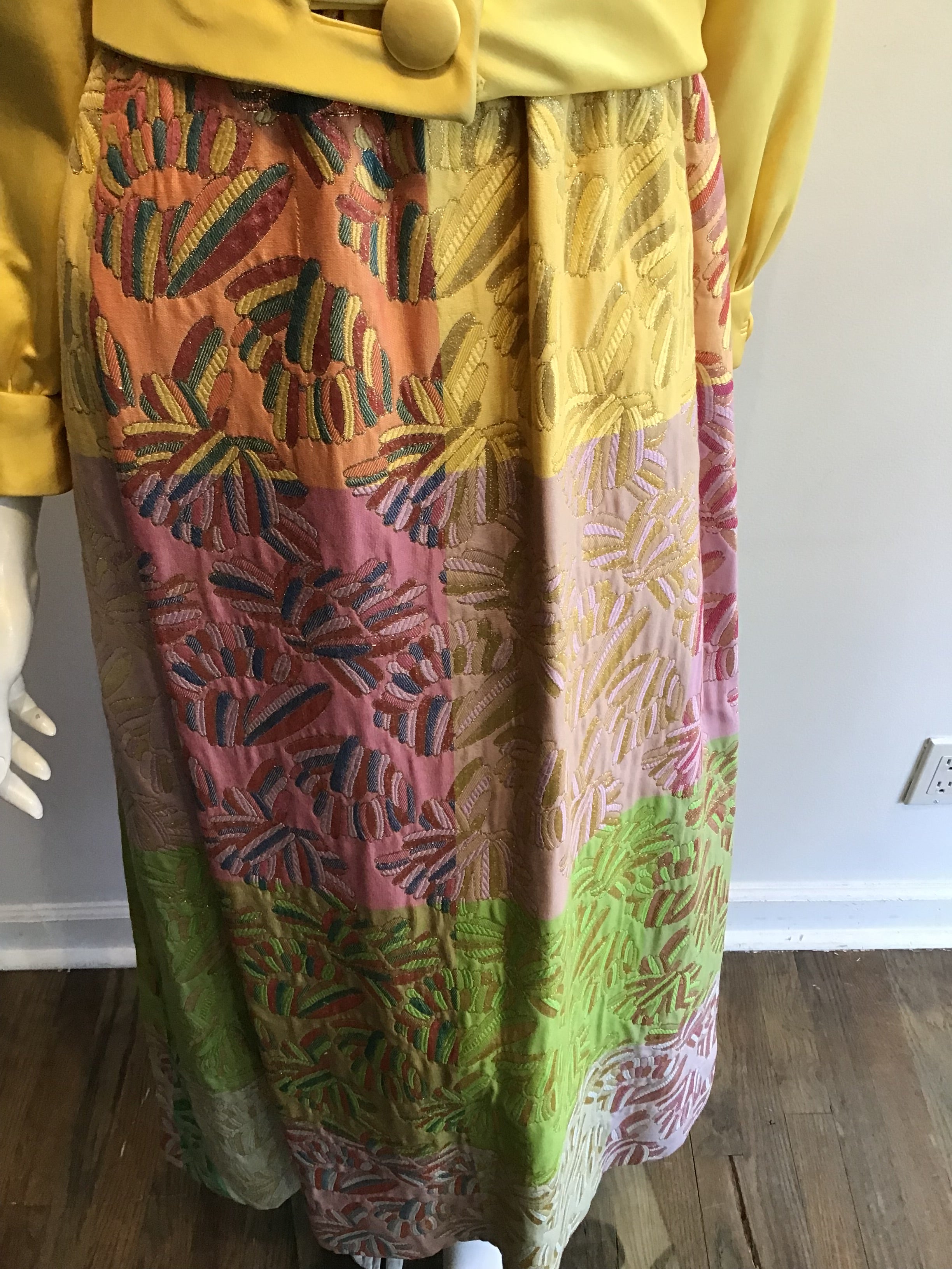 1970’s Malcolm Starr Yellow/Multicolor Silk Lamé Dress Size 6