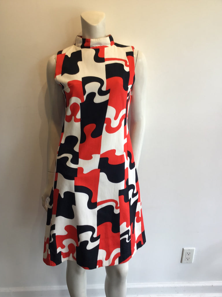 1960’s Cotton Orange,Black,White Janet Lynn Shift Dress Size 8