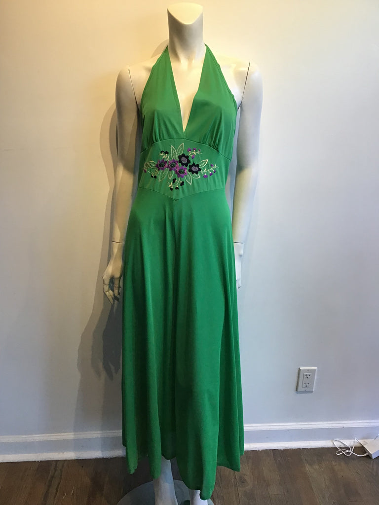 1970’s Green Polyester Dress with embroidery Size 4