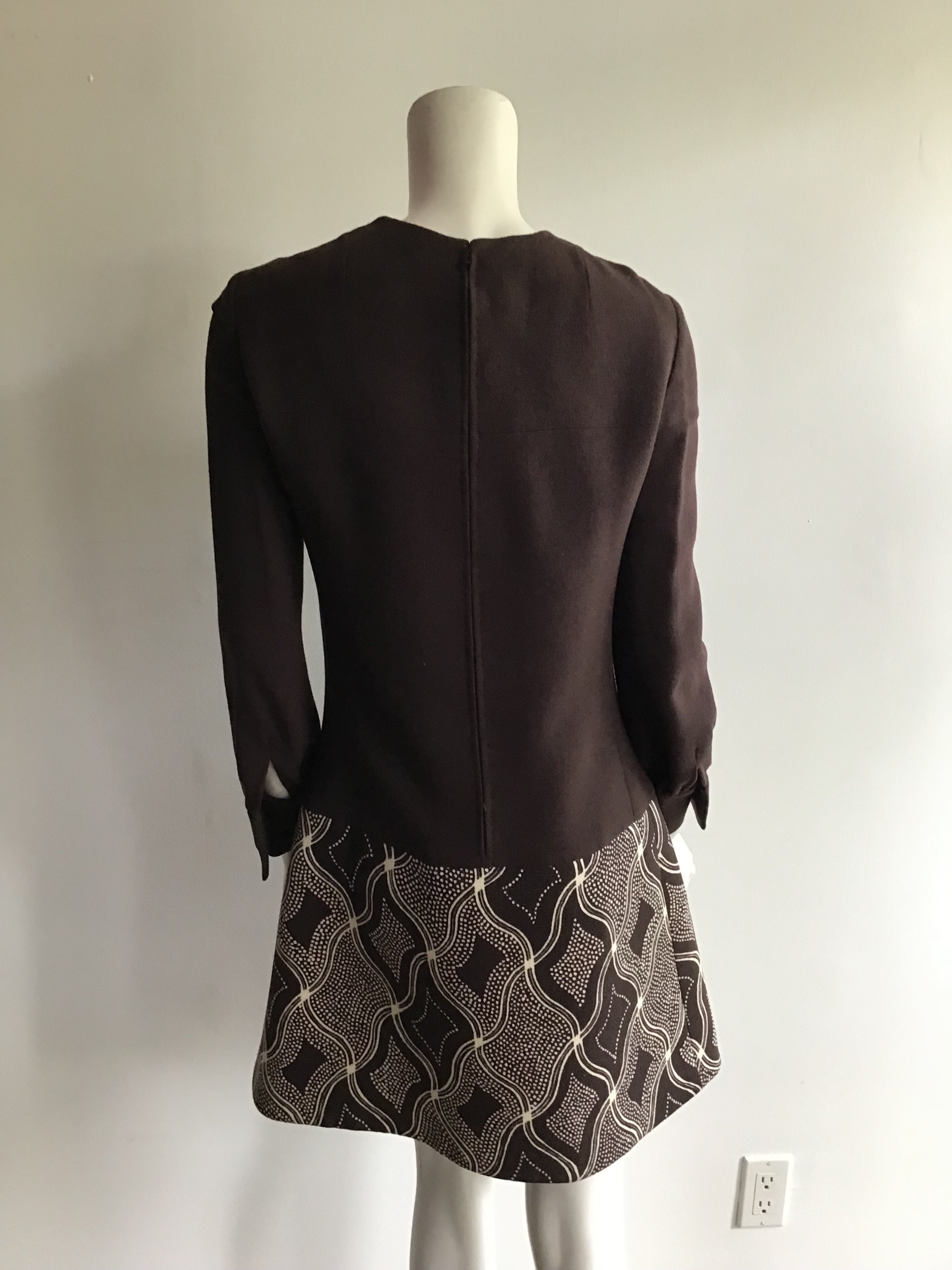 1960s Wool/Wool Crepe Brown Printed Dress with Jacket and Scarf Size 8