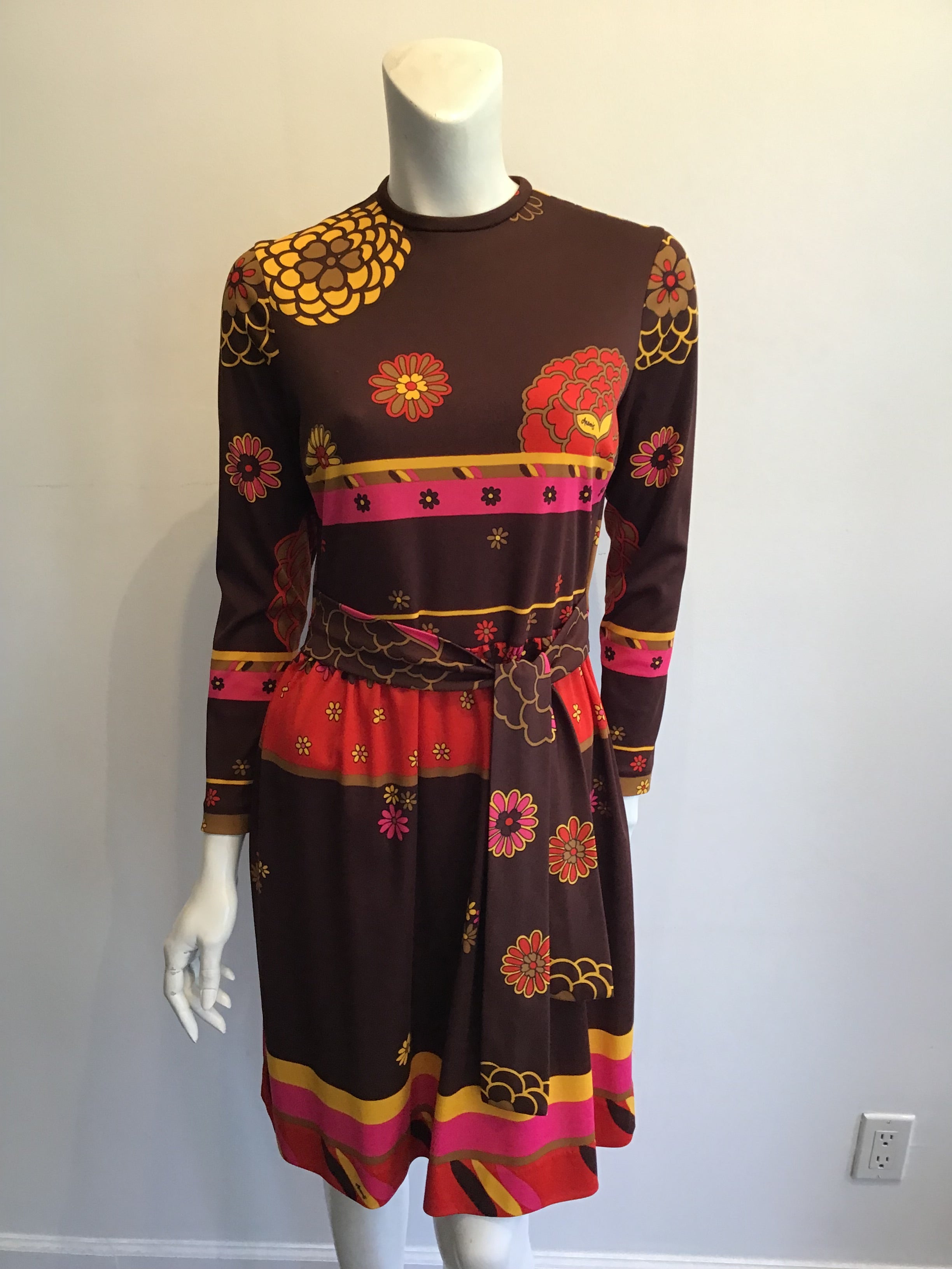 1970s Artemis Polyester Blend Brown Multicolor Dress Size 10