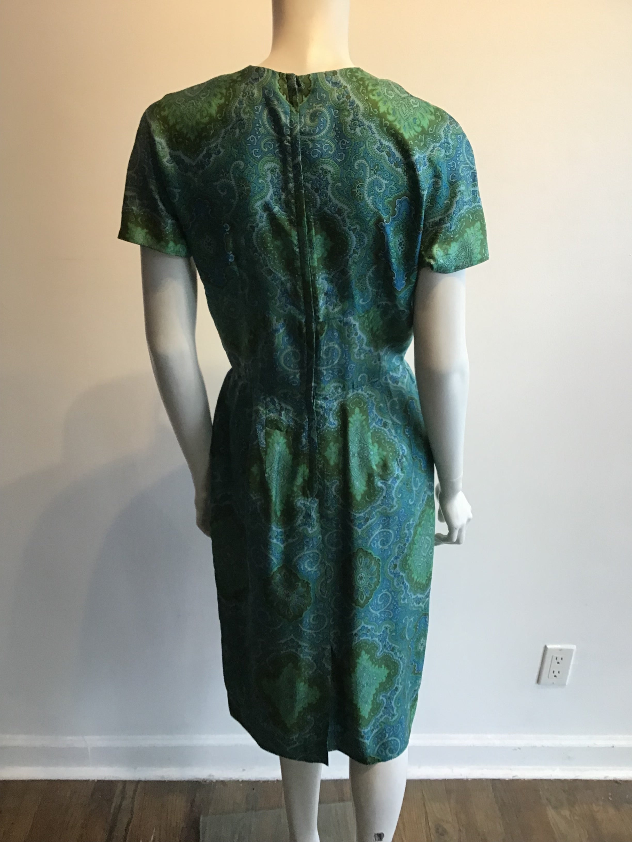 1950s Blue and Green Silk Day Dress Size 8