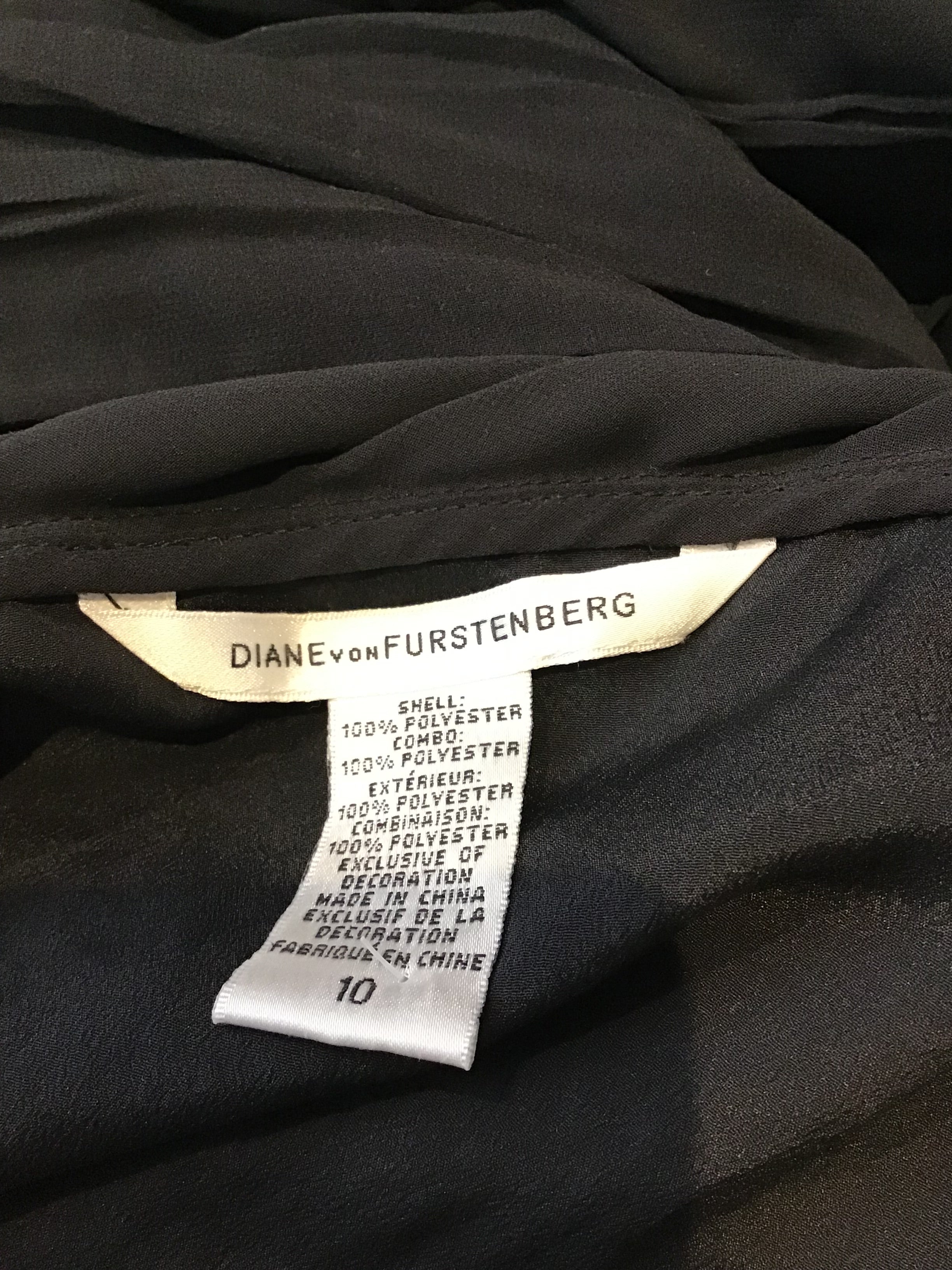 1980s Black Polyester Pleated Diane Von Fürstenberg Dress Size 8