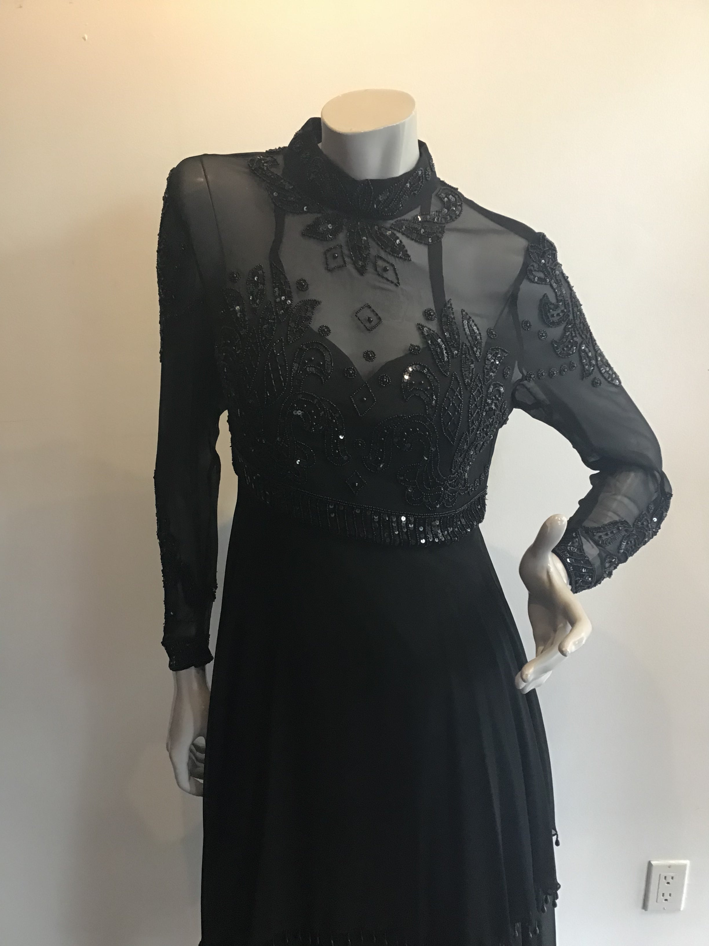 1970's Black Beaded and Sequninned Chiffon Tiered Evening Dress