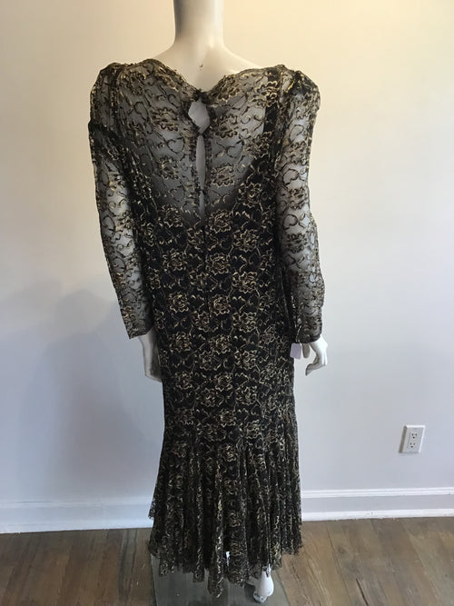 1980’s Gold/Black Metallic Lace Evening Dress Size 16