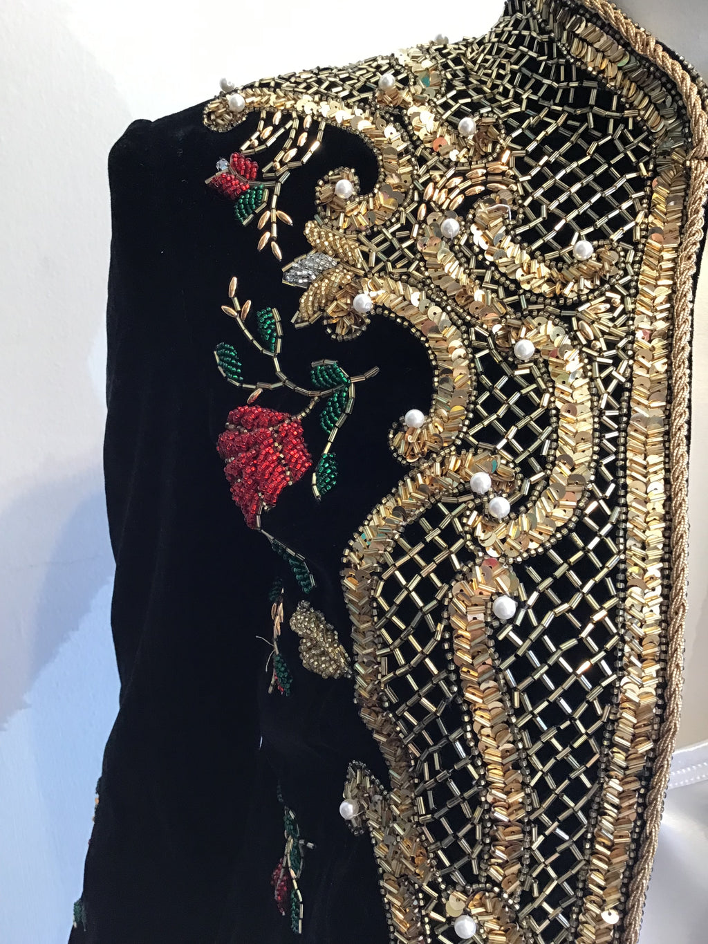 1980s  S. Aton Black Beaded Rayon Velvet  Evening Jacket Size 6