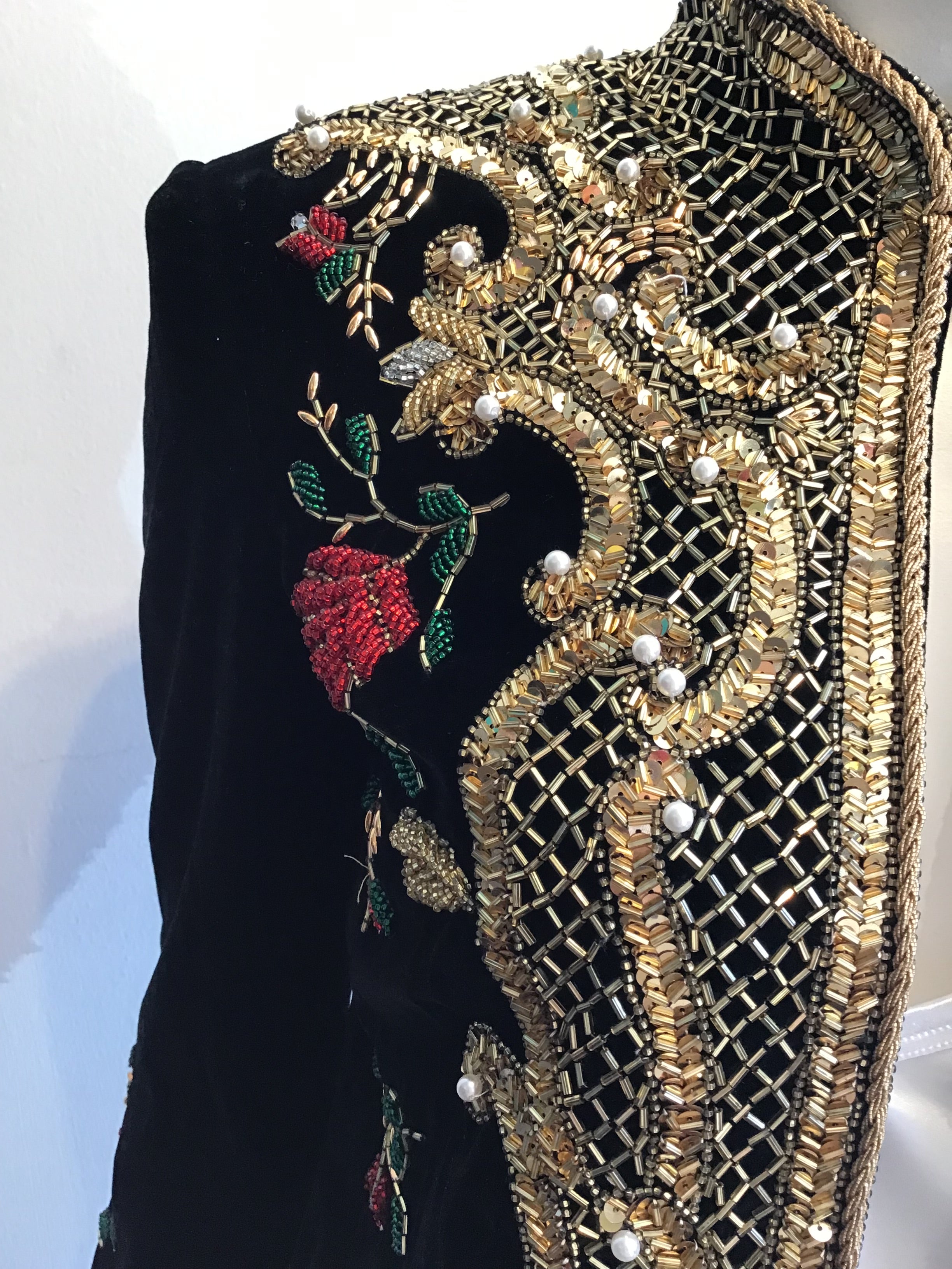 1980s  S. Aton Black Beaded Rayon Velvet  Evening Jacket Size 6