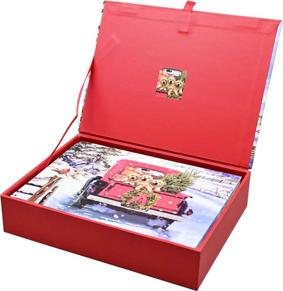Three Goldens and Red Truck Holiday Boxed Note Cards