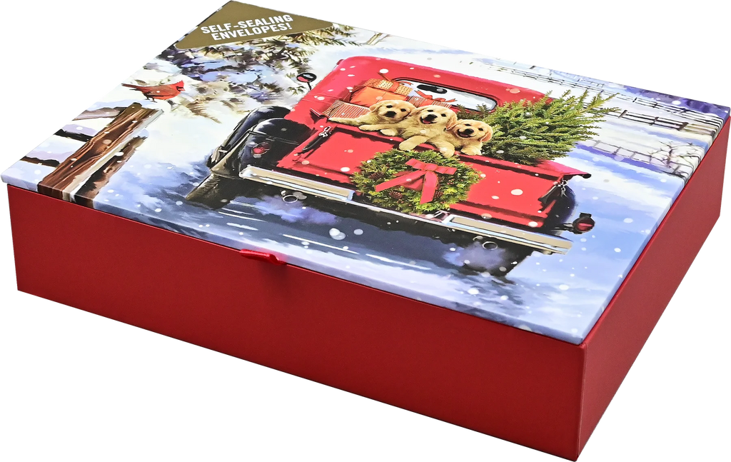 Three Goldens and Red Truck Holiday Boxed Note Cards