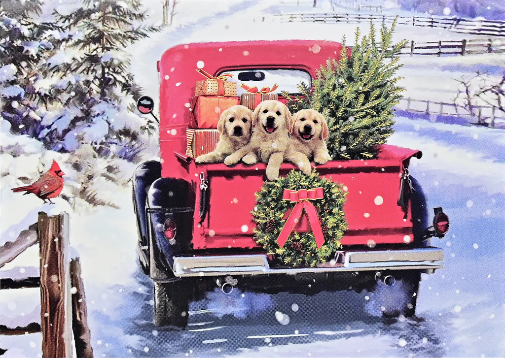Three Goldens and Red Truck Holiday Boxed Note Cards