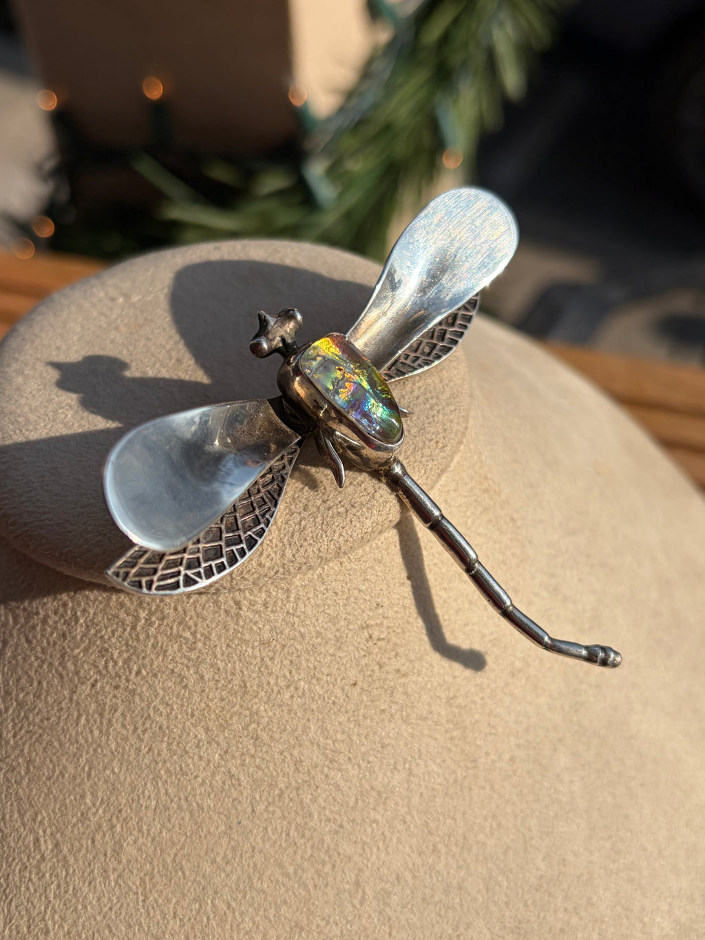 Vintage 1970s Dragonfly Sterling Pin / Brooch with faux opal stone