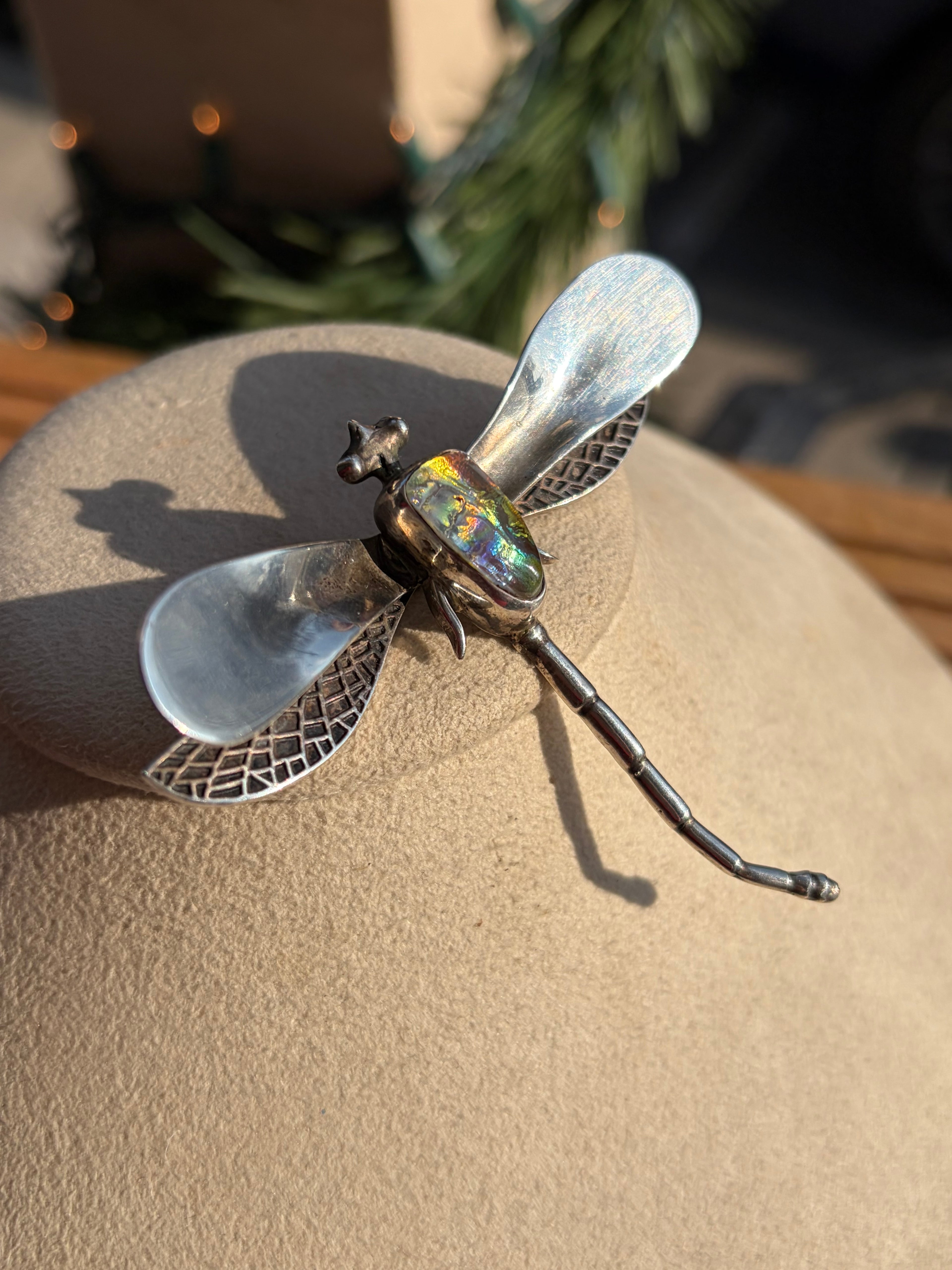 Vintage 1970s Dragonfly Sterling Pin / Brooch with faux opal stone