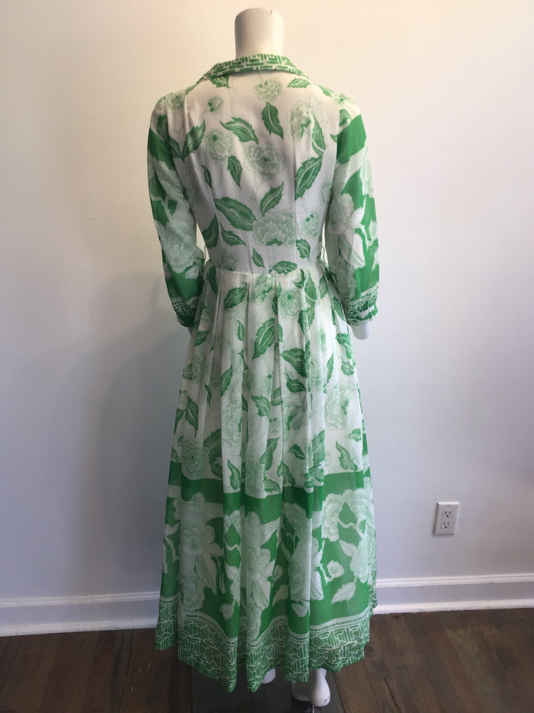 1970s Cotton Blend Chiffon Green and White Printed Maxi Dress Size 8