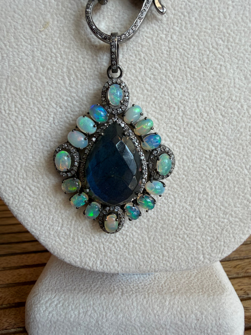 Large Labradorite with Fire Opals & Diamonds, Sterling Silver Pendant Necklace