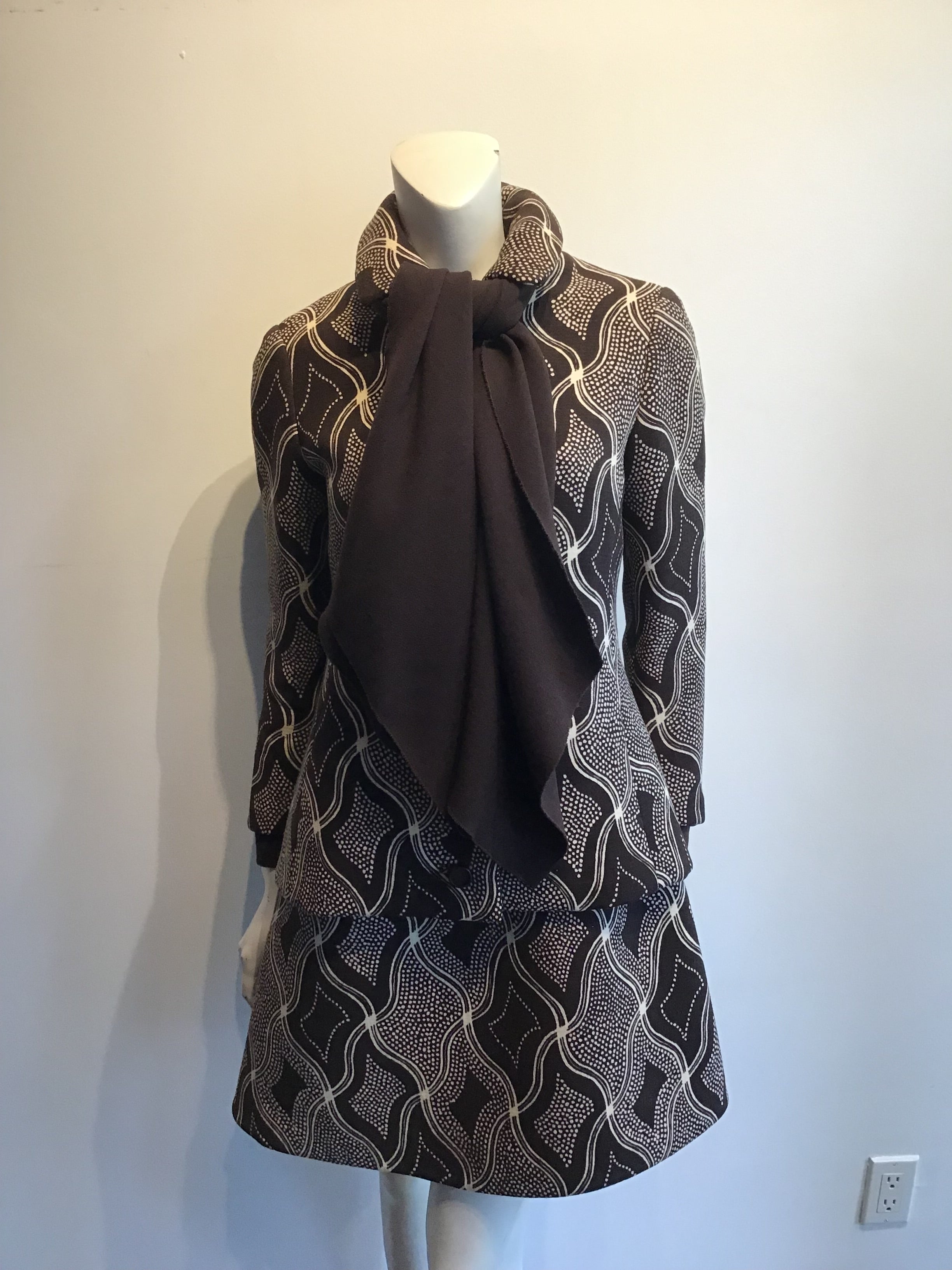 1960s Wool/Wool Crepe Brown Printed Dress with Jacket and Scarf Size 8