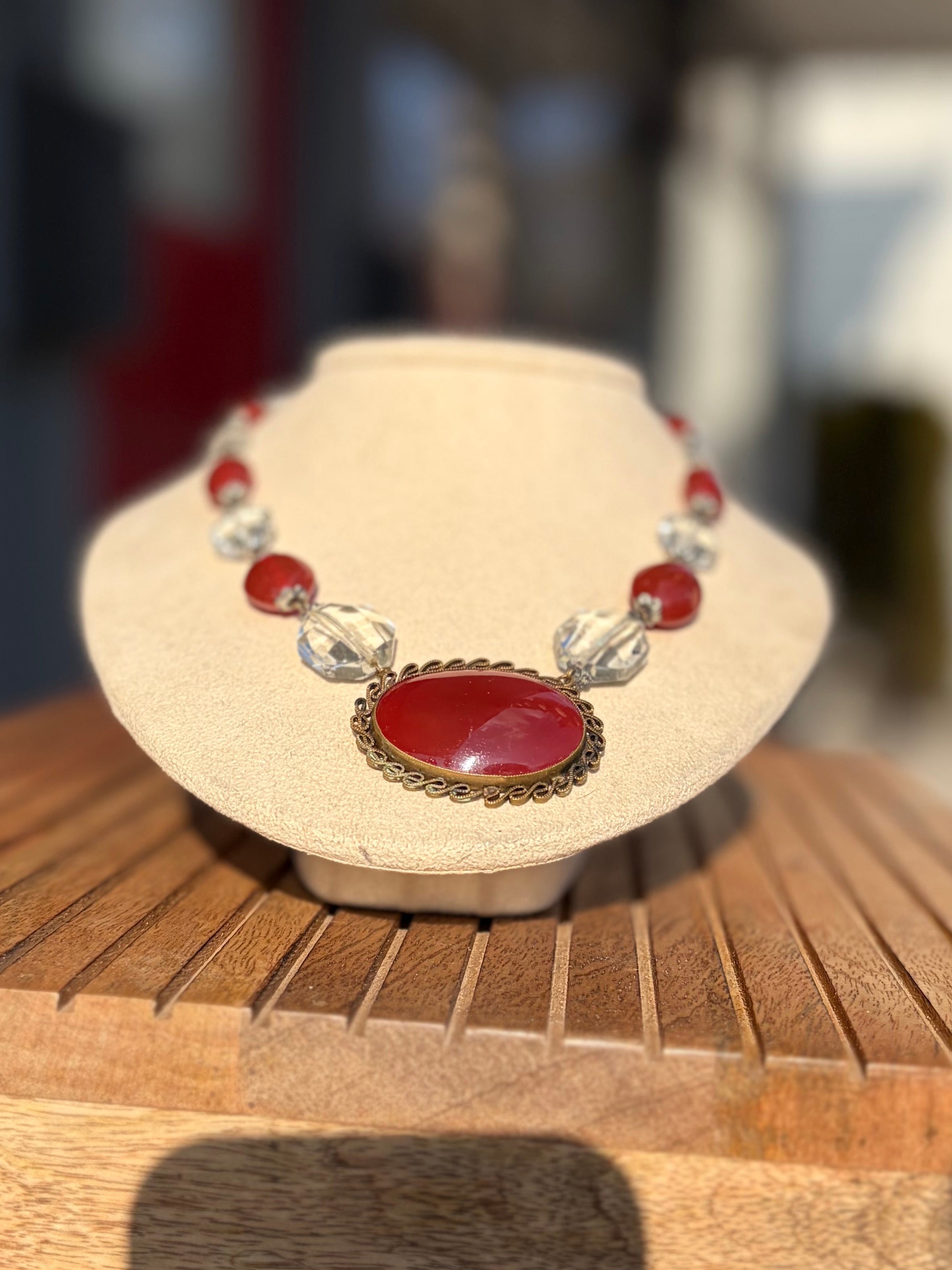 Art Deco Carnelian and Crystal bead Necklace