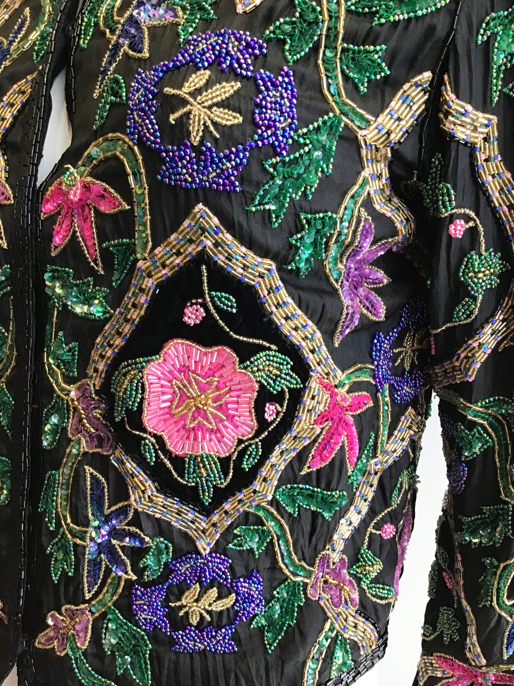 1980’s Black Silk Floral Beaded Evening Jacket Size 6