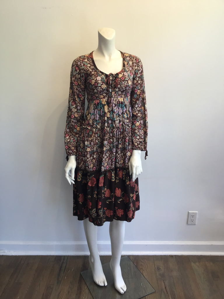1970s Brown Floral Cotton Dress Size 4
