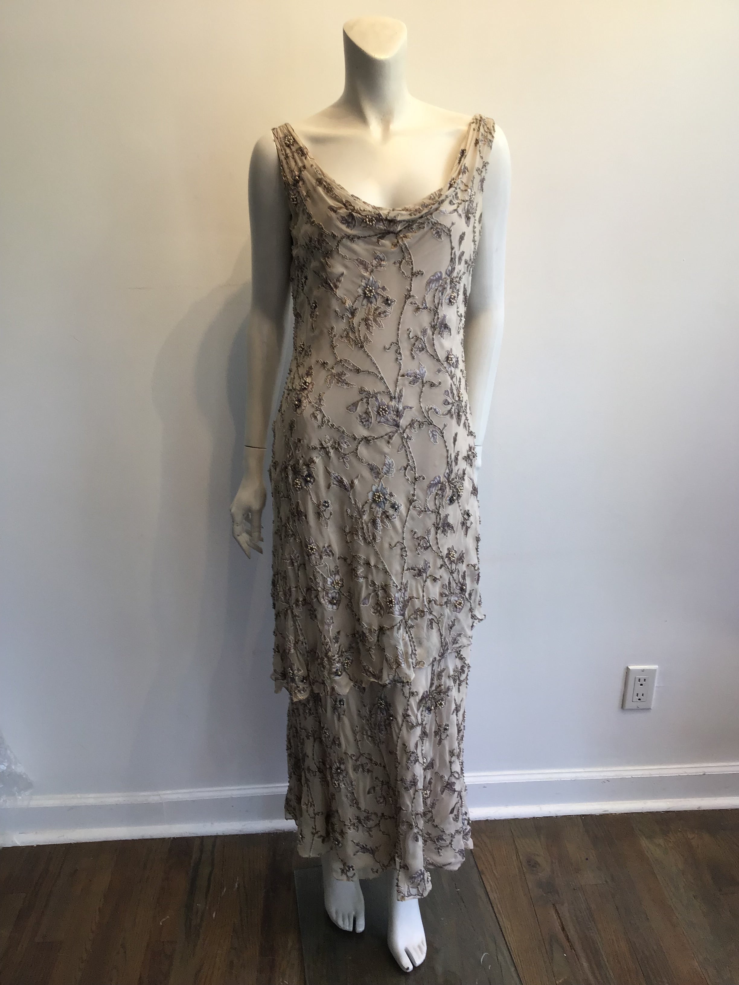 1990s Victoria Royal Taupe Silk Evening Gown Size 16
