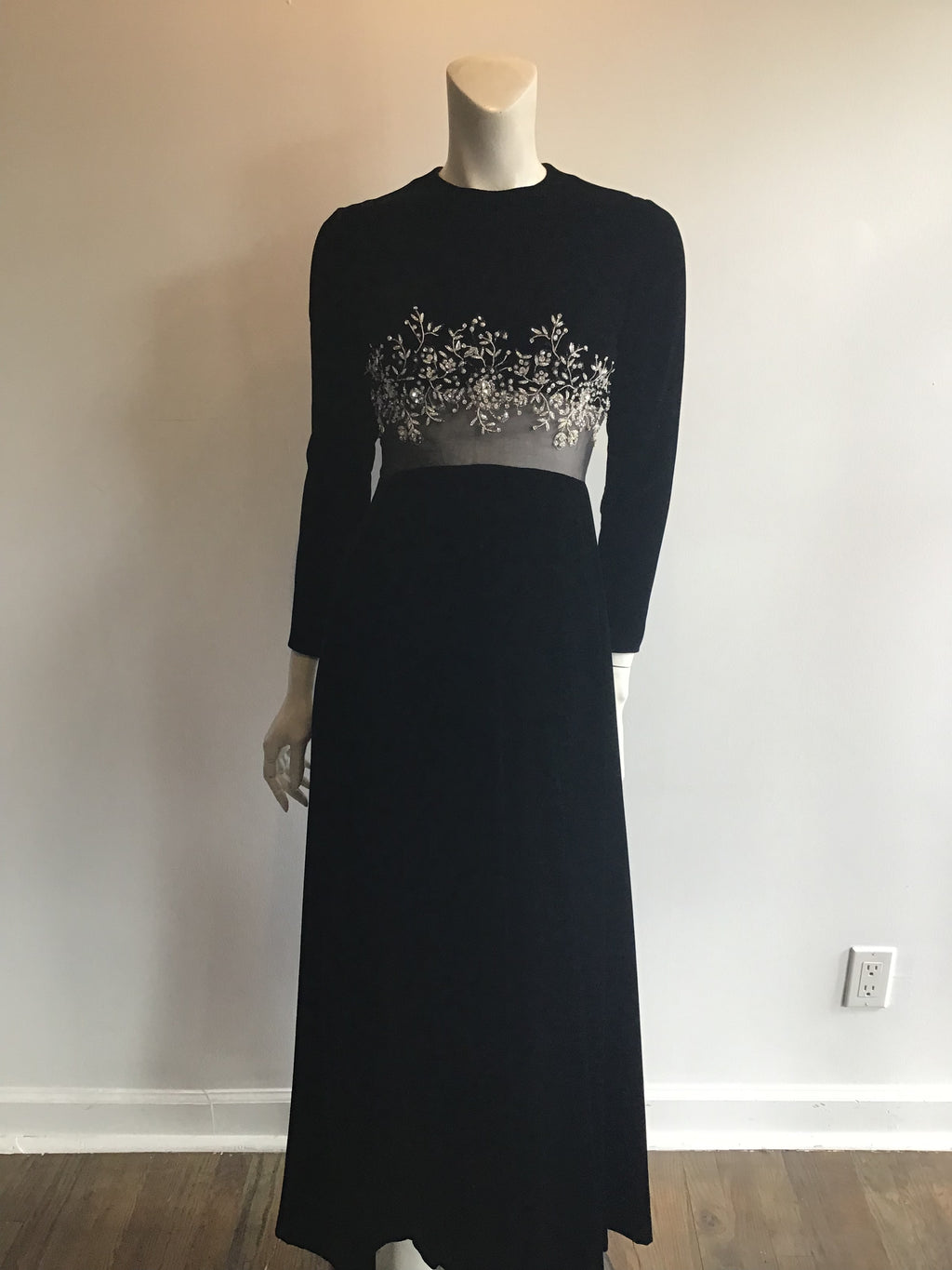1960's Malcolm Starr Black Silk Velvet Evening Dress with rhinestone and Crystal detailing on bodice illusion waist Size 5/6