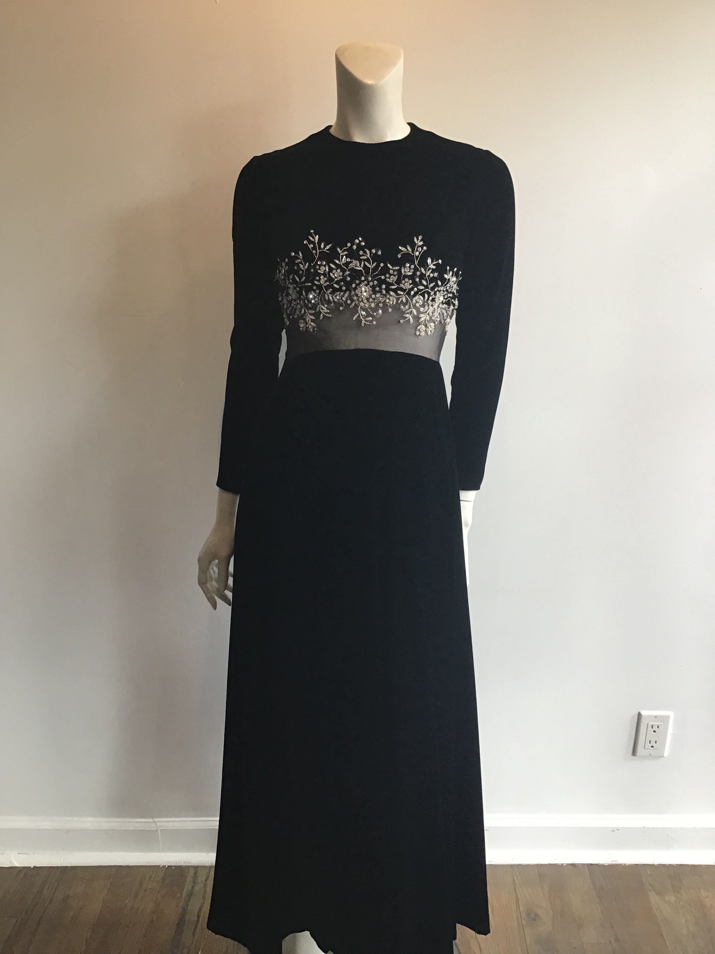 1960's Malcolm Starr Black Silk Velvet Evening Dress with rhinestone and Crystal detailing on bodice illusion waist Size 5/6