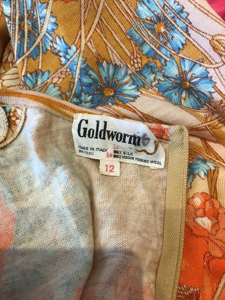 1970s Goldworm  Printed Silk/Wool Blend Dress  Size 8
