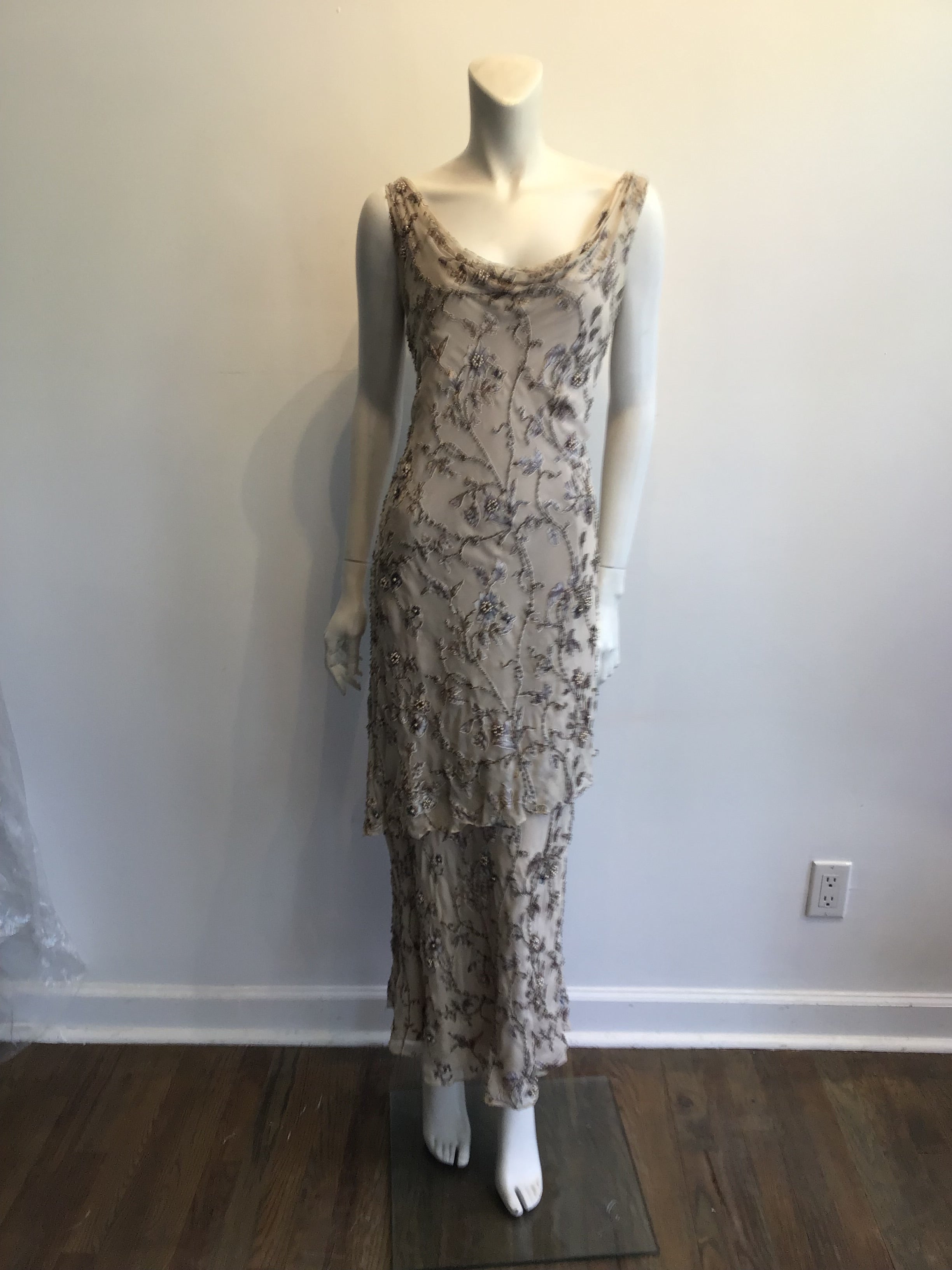 1990s Victoria Royal Taupe Silk Evening Gown Size 16