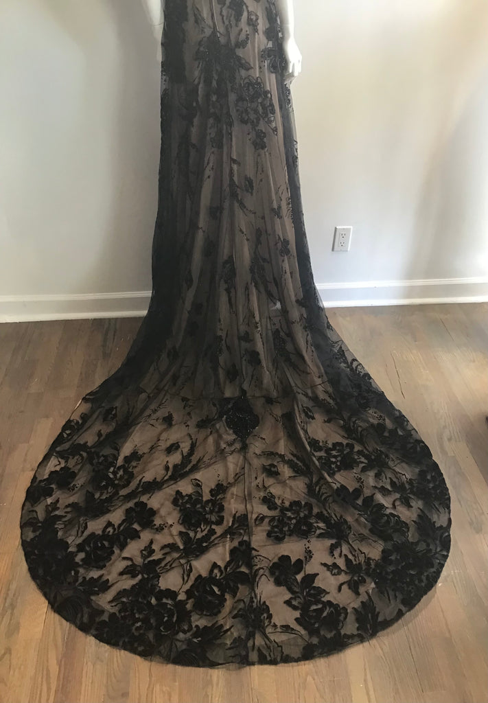 1990s Bagley Mischka Black/beige  Beaded Evening Gown with Train-10/12