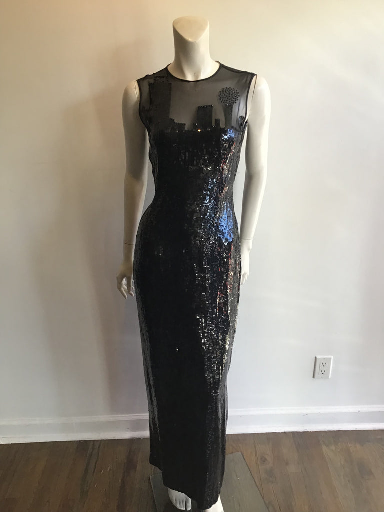 1990s Perry Ellis Black entirely  sequinned silk gown with skyscraper motif 
