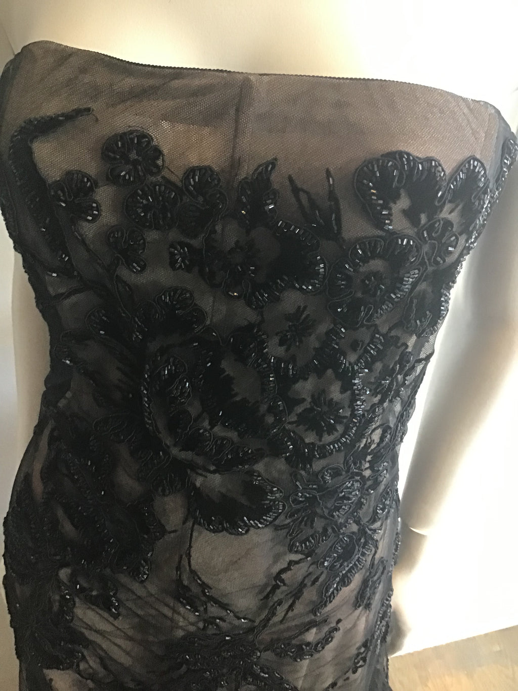 1990s Bagley Mischka Black/beige  Beaded Evening Gown with Train-10/12