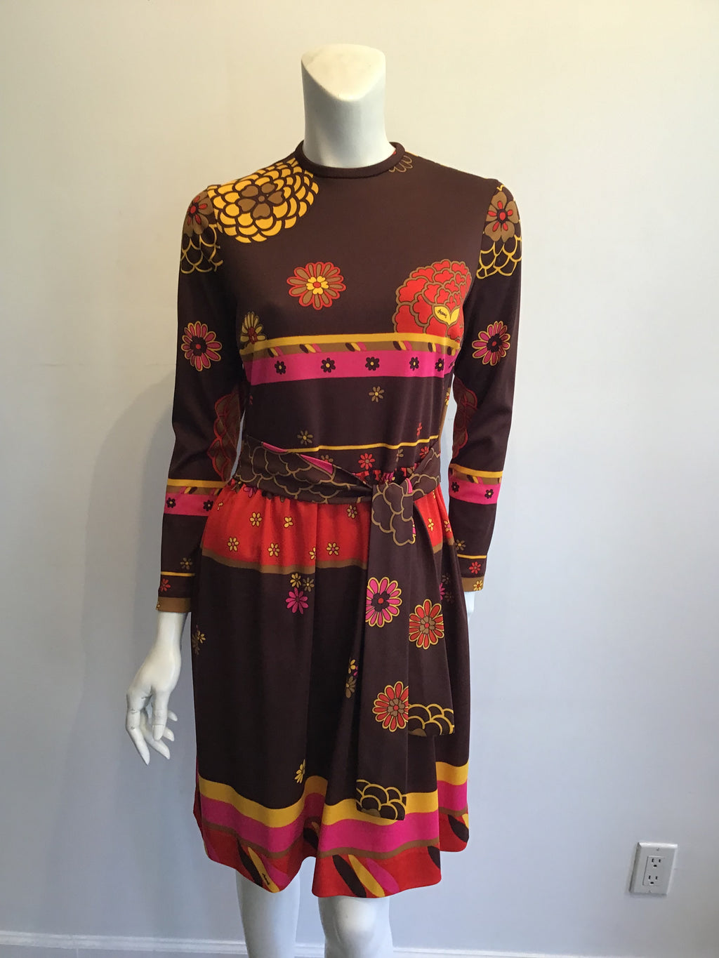 1970s Artemis Polyester Blend Brown Multicolor Dress Size 10