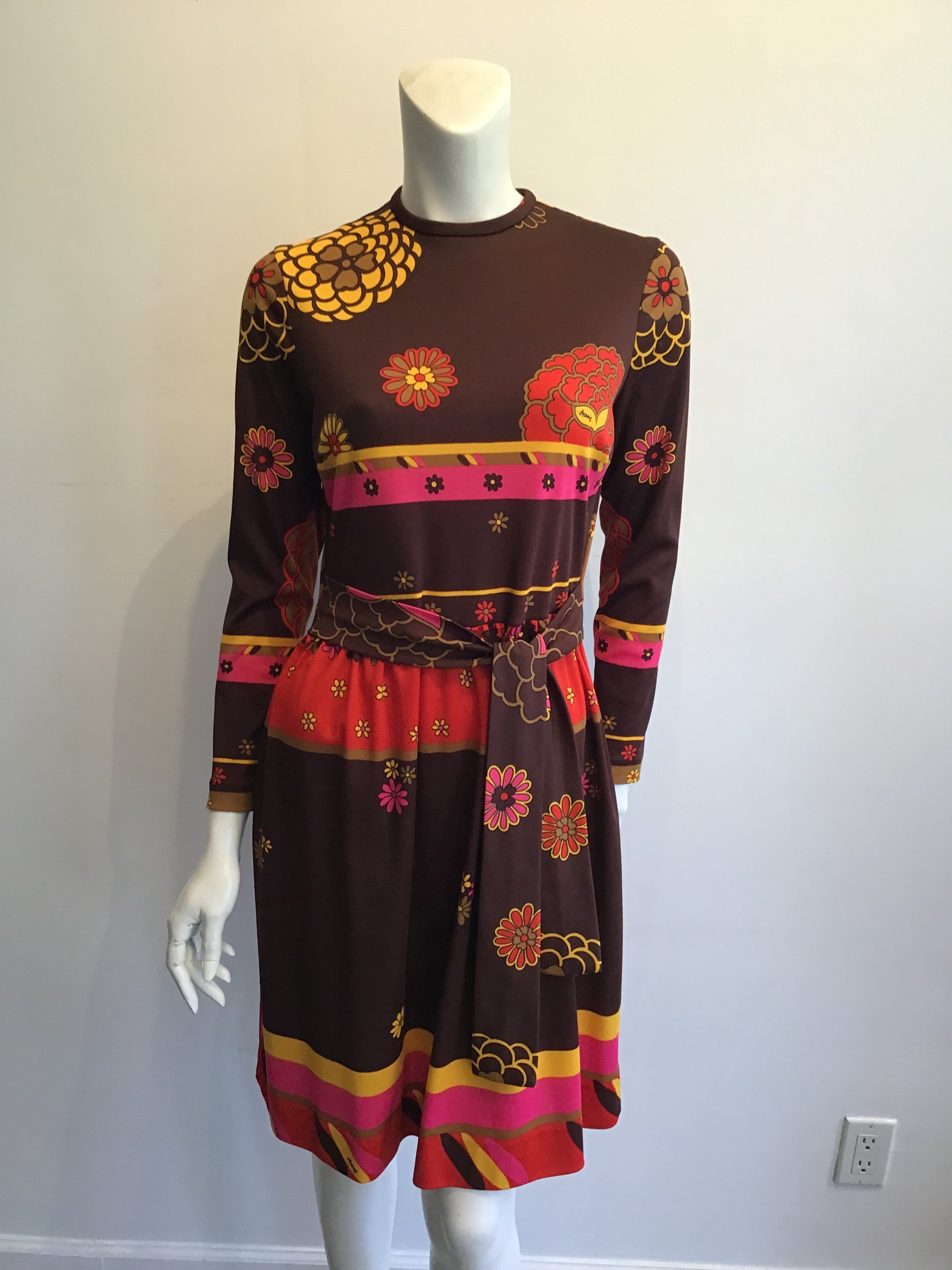 1970s Artemis Polyester Blend Brown Multicolor Dress Size 10