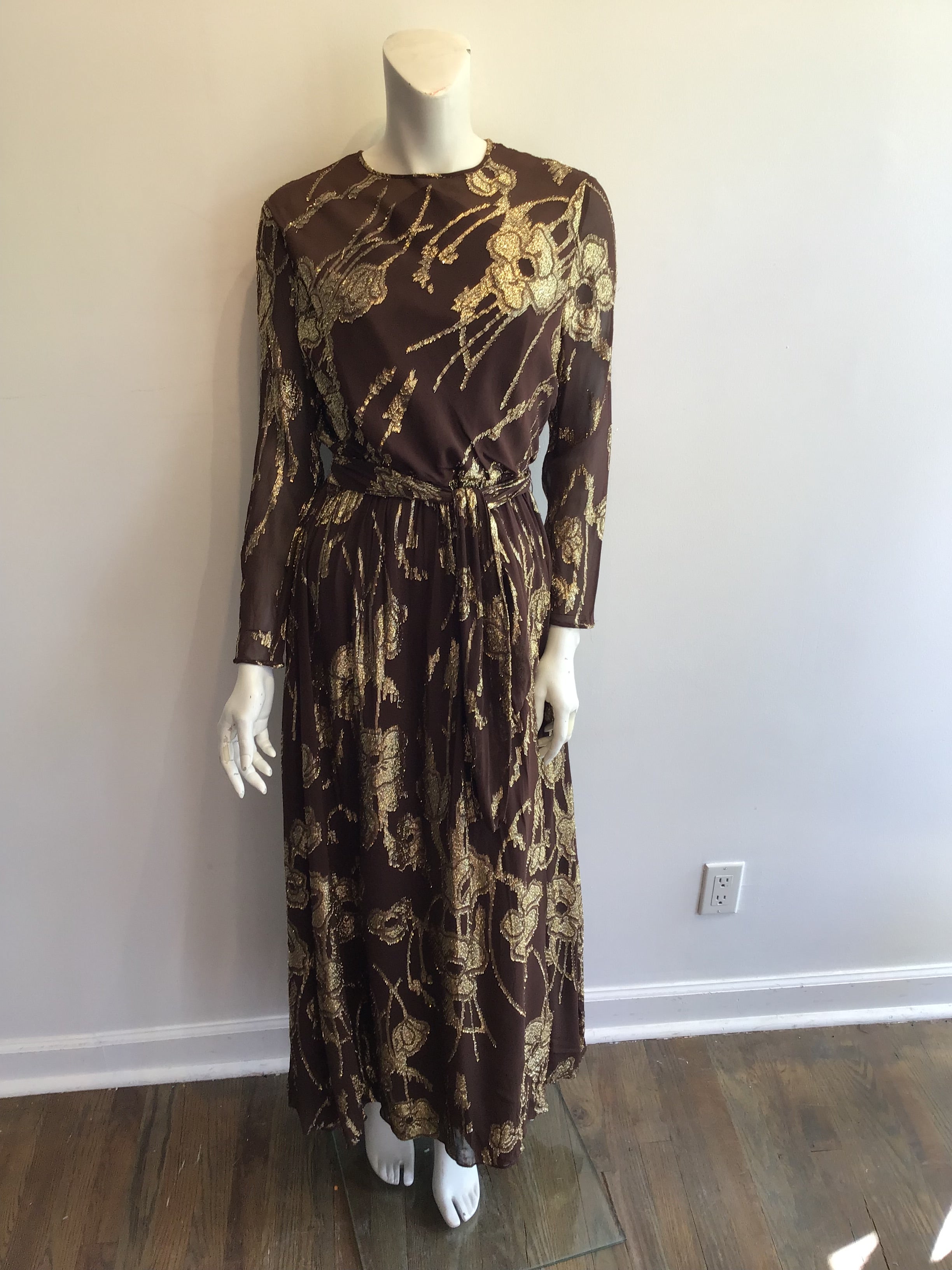 1970’s Brown and Gold Silk Blend Evening Gown Size 8