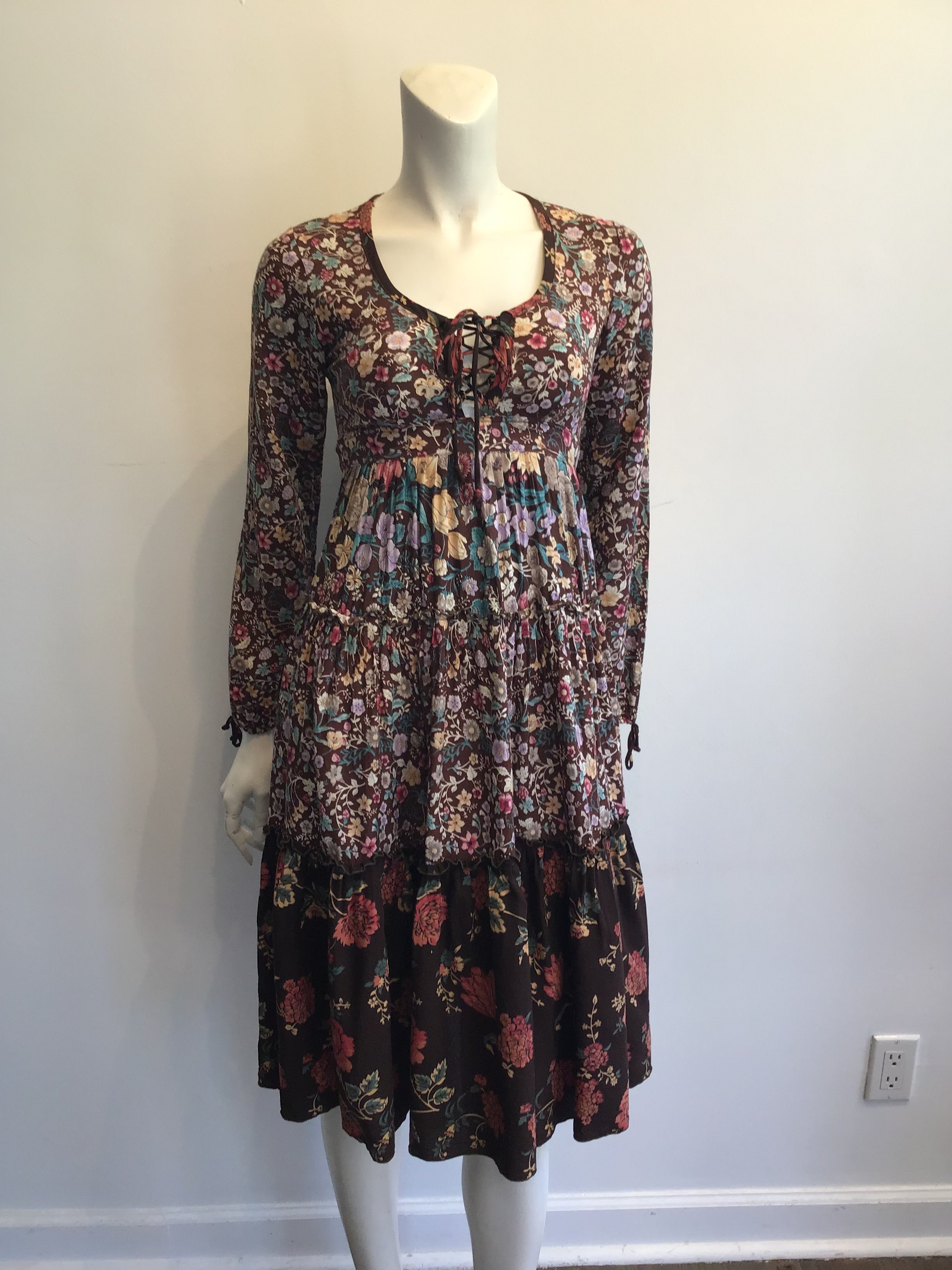 1970s Brown Floral Cotton Dress Size 4