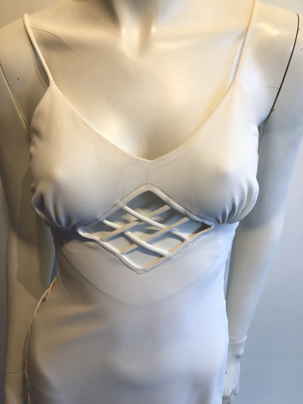 1960s Sultry Cream Rayon"Bond Girl" Dress with Crisscross Cutouts on the Sides Size 2/3