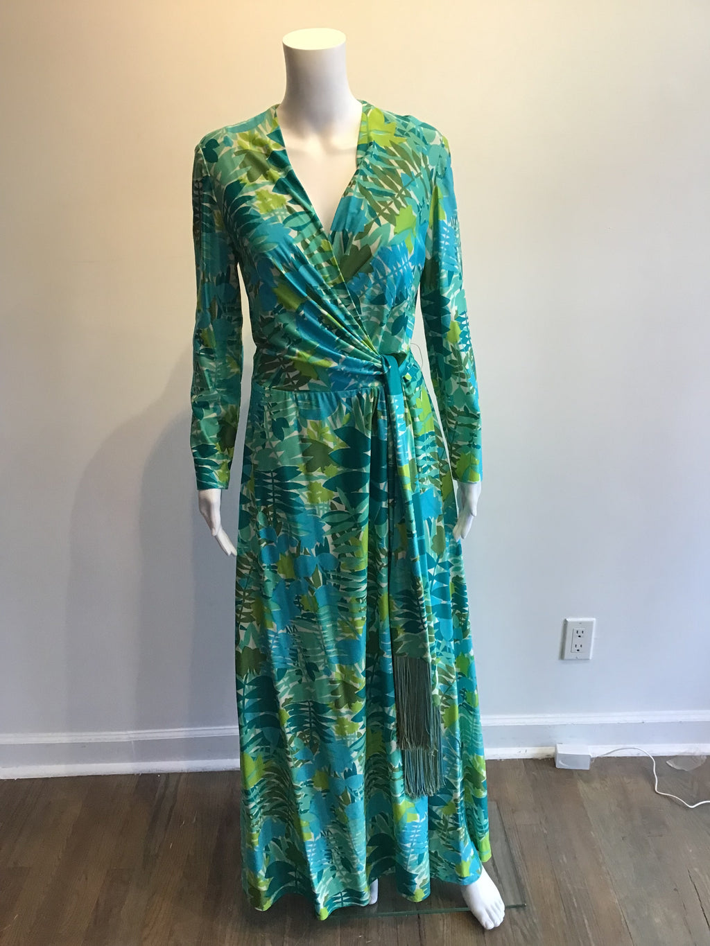 1970’s Rona Turquoise and Green Polyester Maxi Dress Size 8