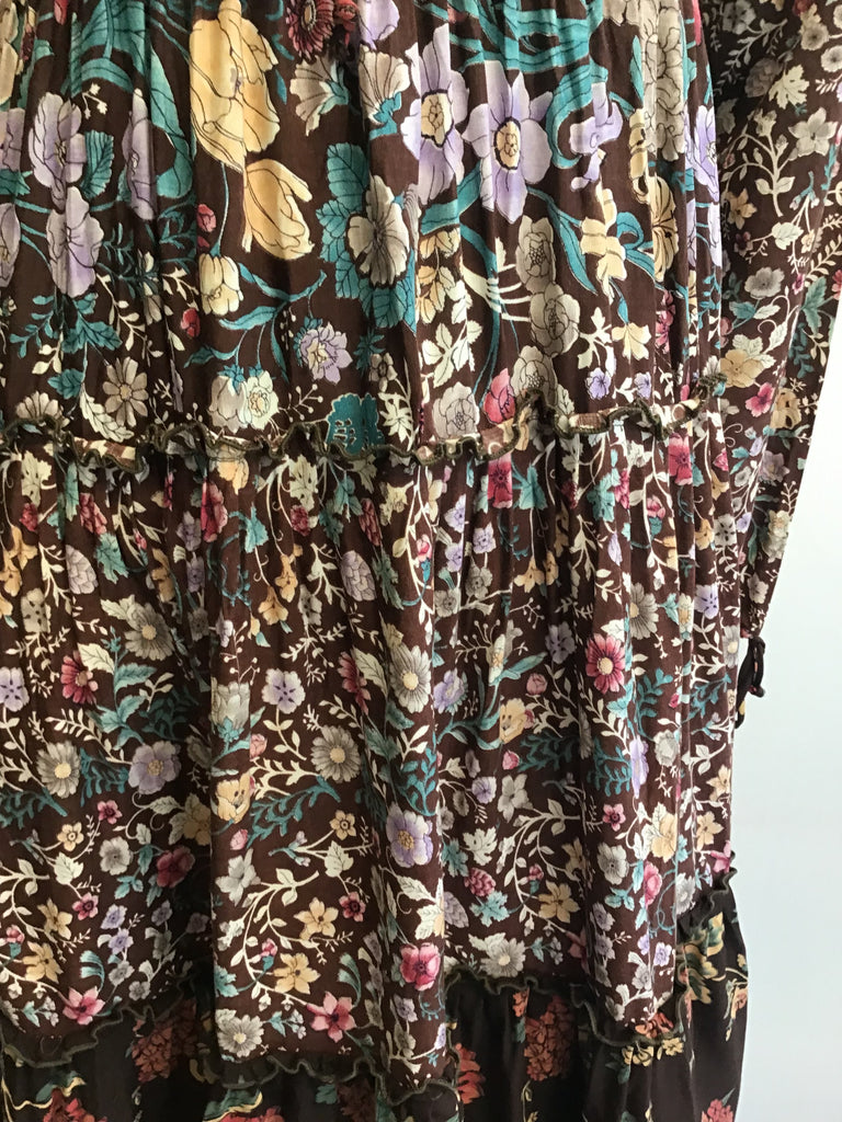 1970s Brown Floral Cotton Dress Size 4