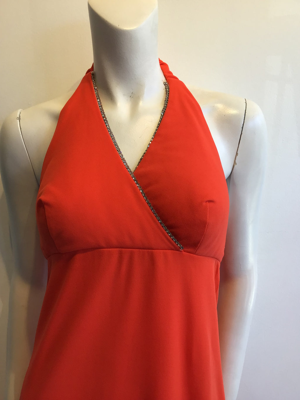 1970s  Jack Harley Polyester Halter Dress with Rhinestone trim Size 6