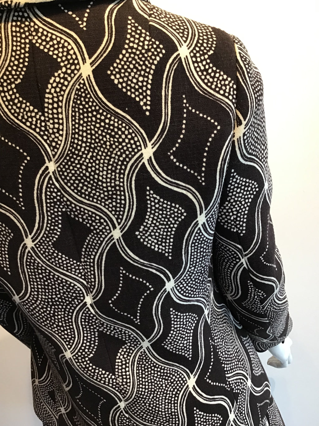 1960s Wool/Wool Crepe Brown Printed Dress with Jacket and Scarf Size 8