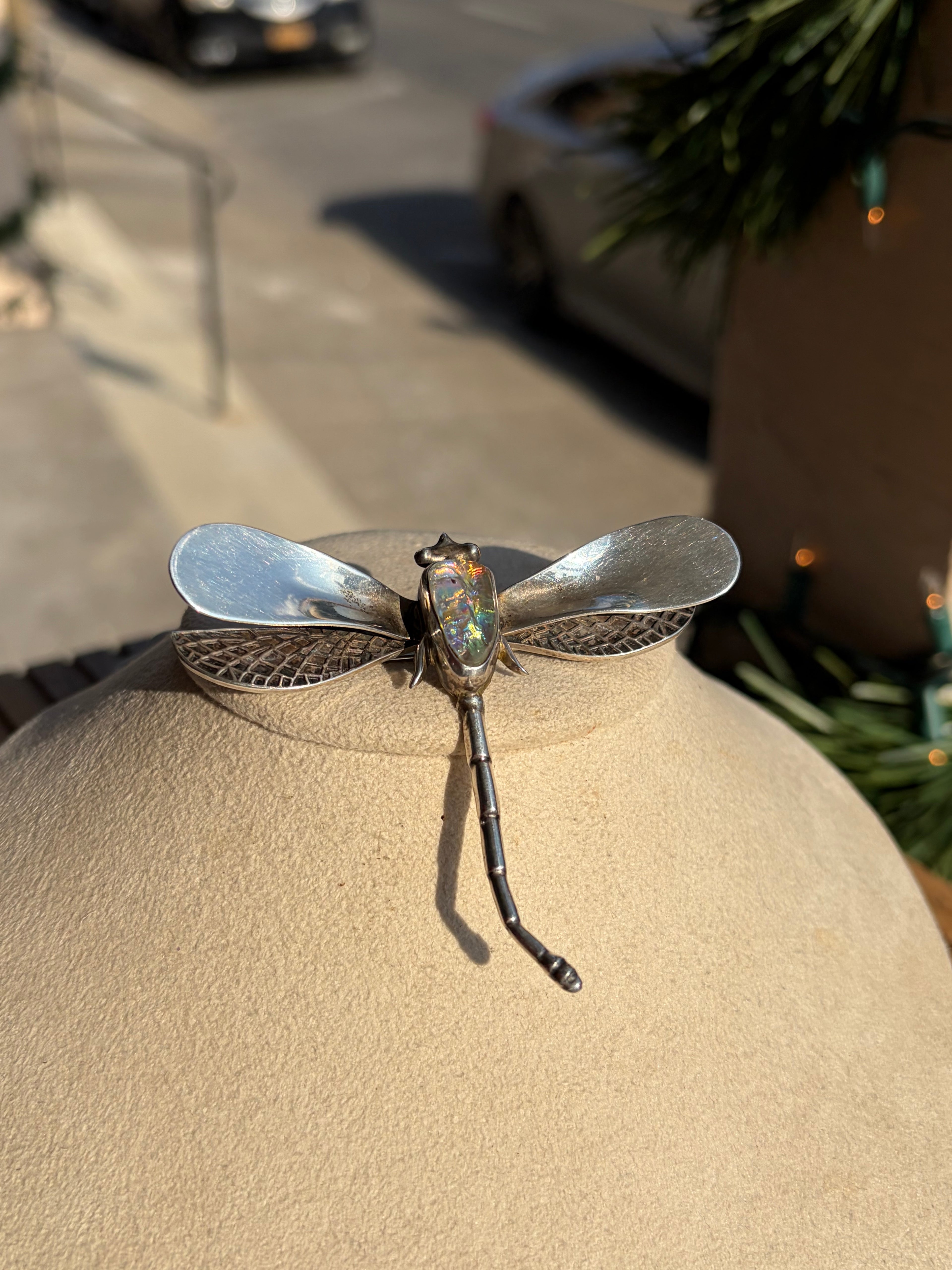 Vintage 1970s Dragonfly Sterling Pin / Brooch with faux opal stone