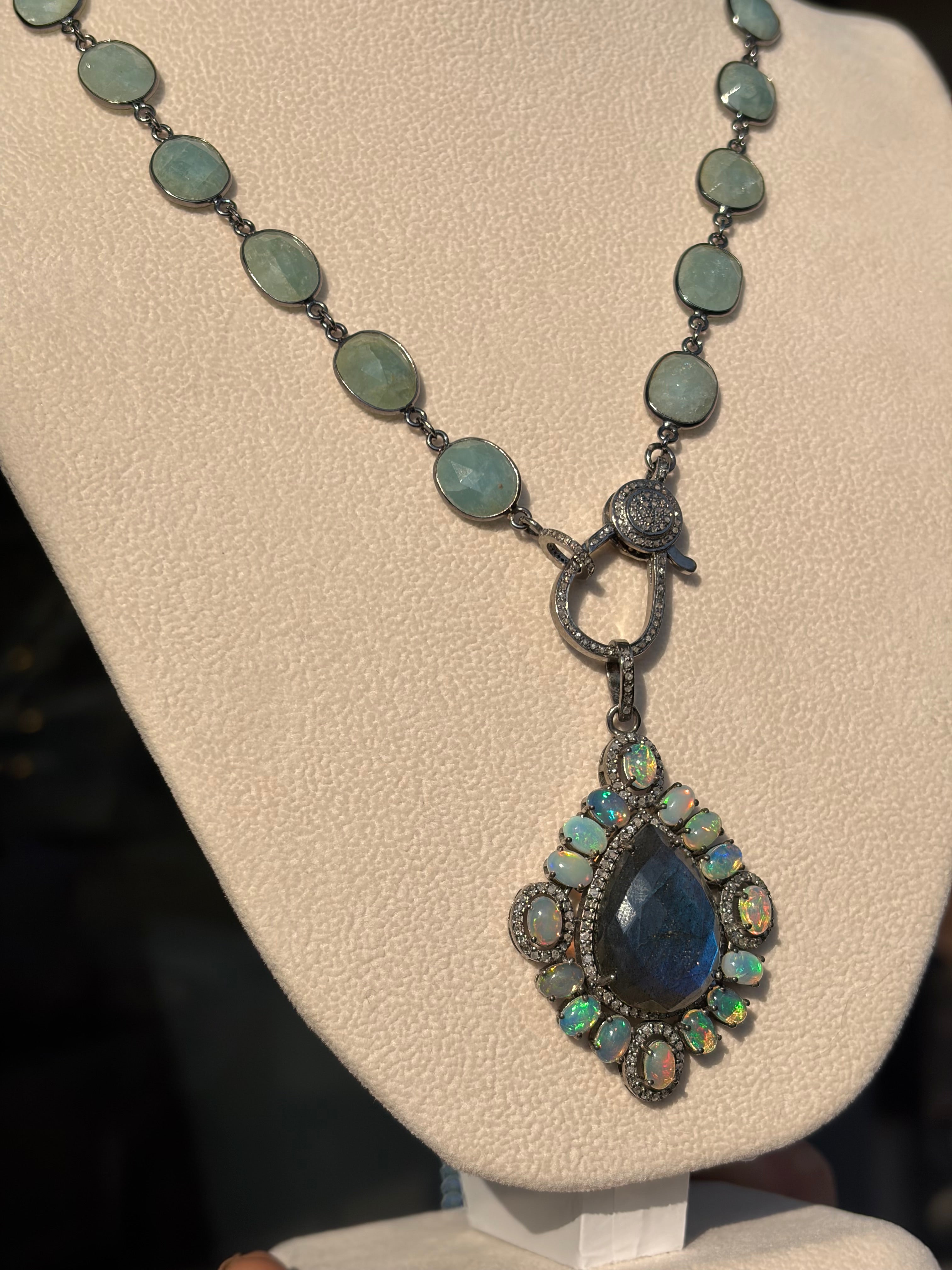 Large Labradorite with Fire Opals & Diamonds, Sterling Silver Pendant Necklace