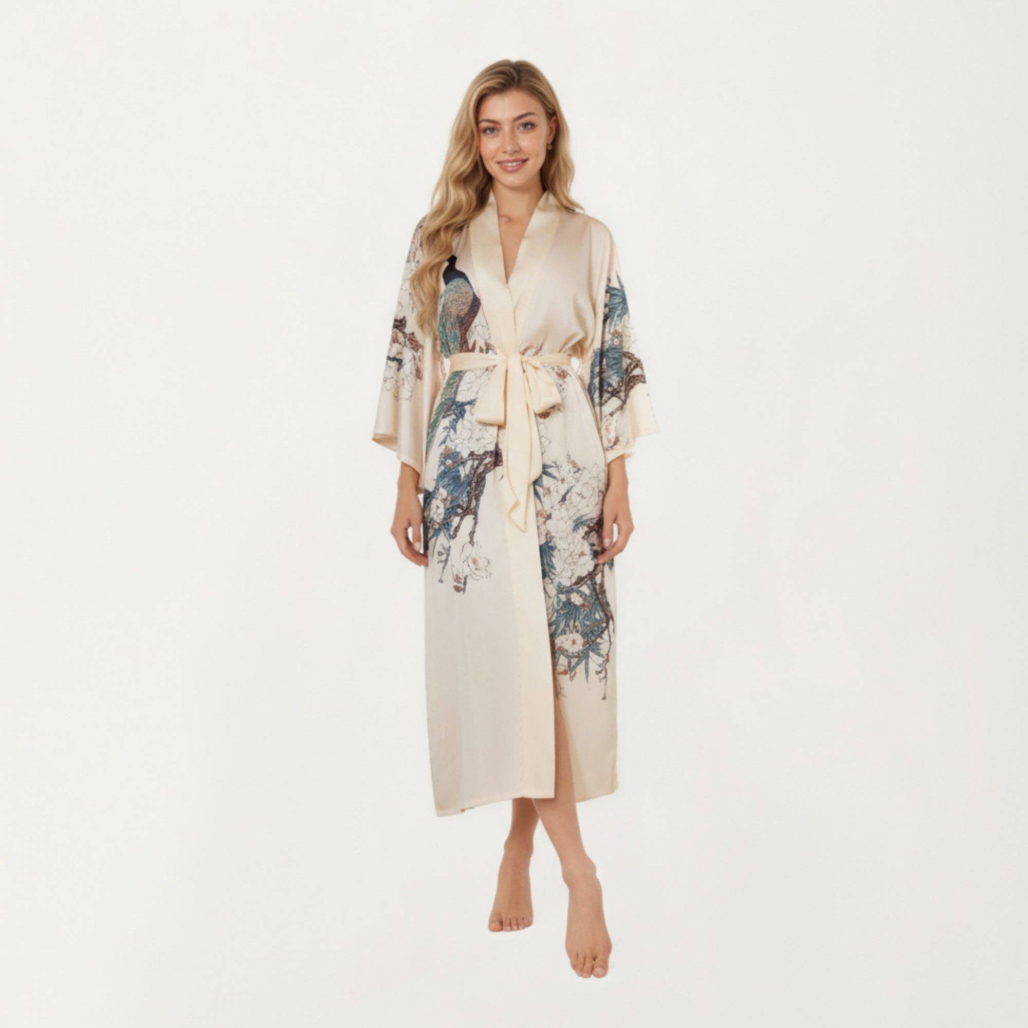 Long Satin Kimono Robe with Tie Waist and Artistic Floral Pr
