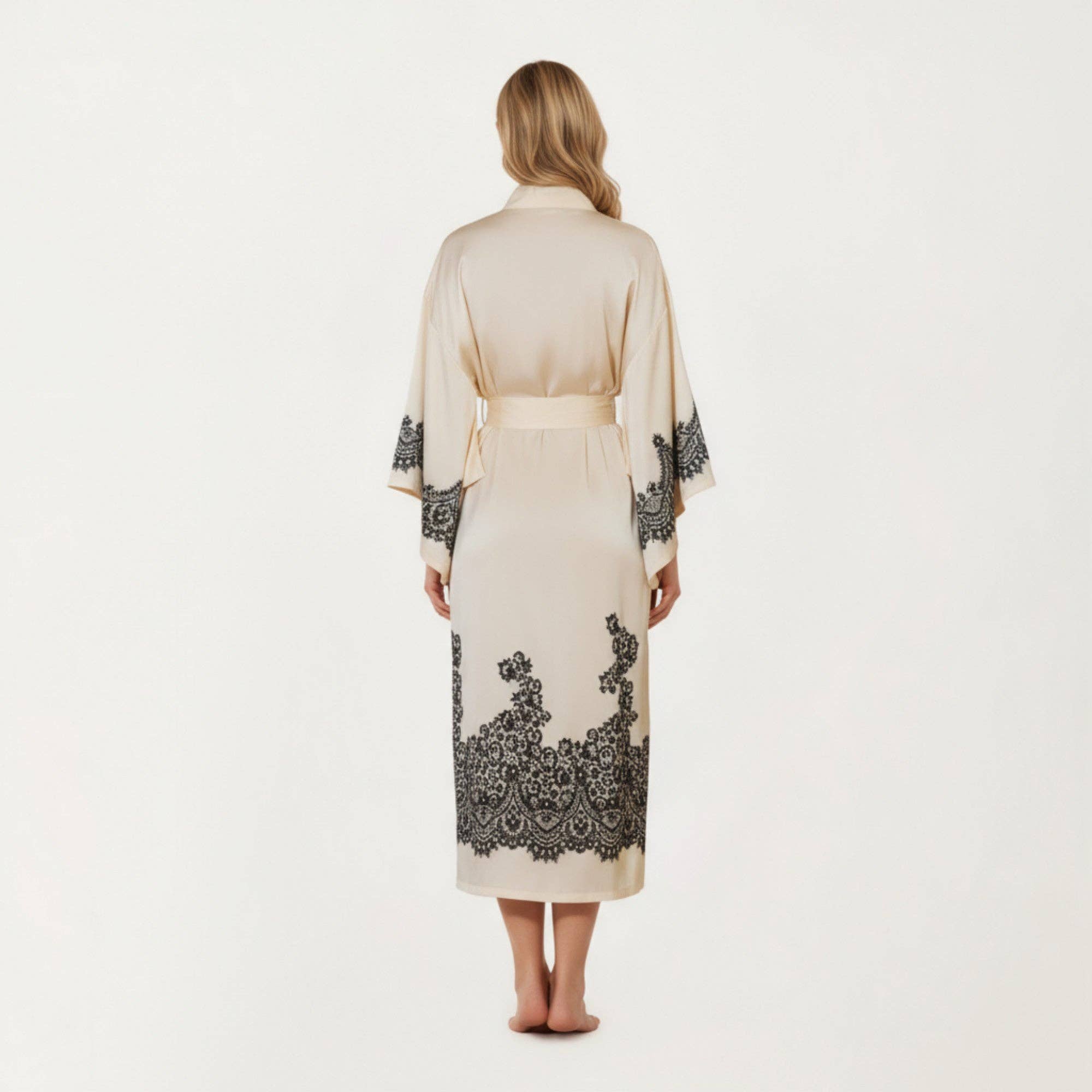 Long Satin Kimono Robe with Tie Waist and Artistic Floral Pr