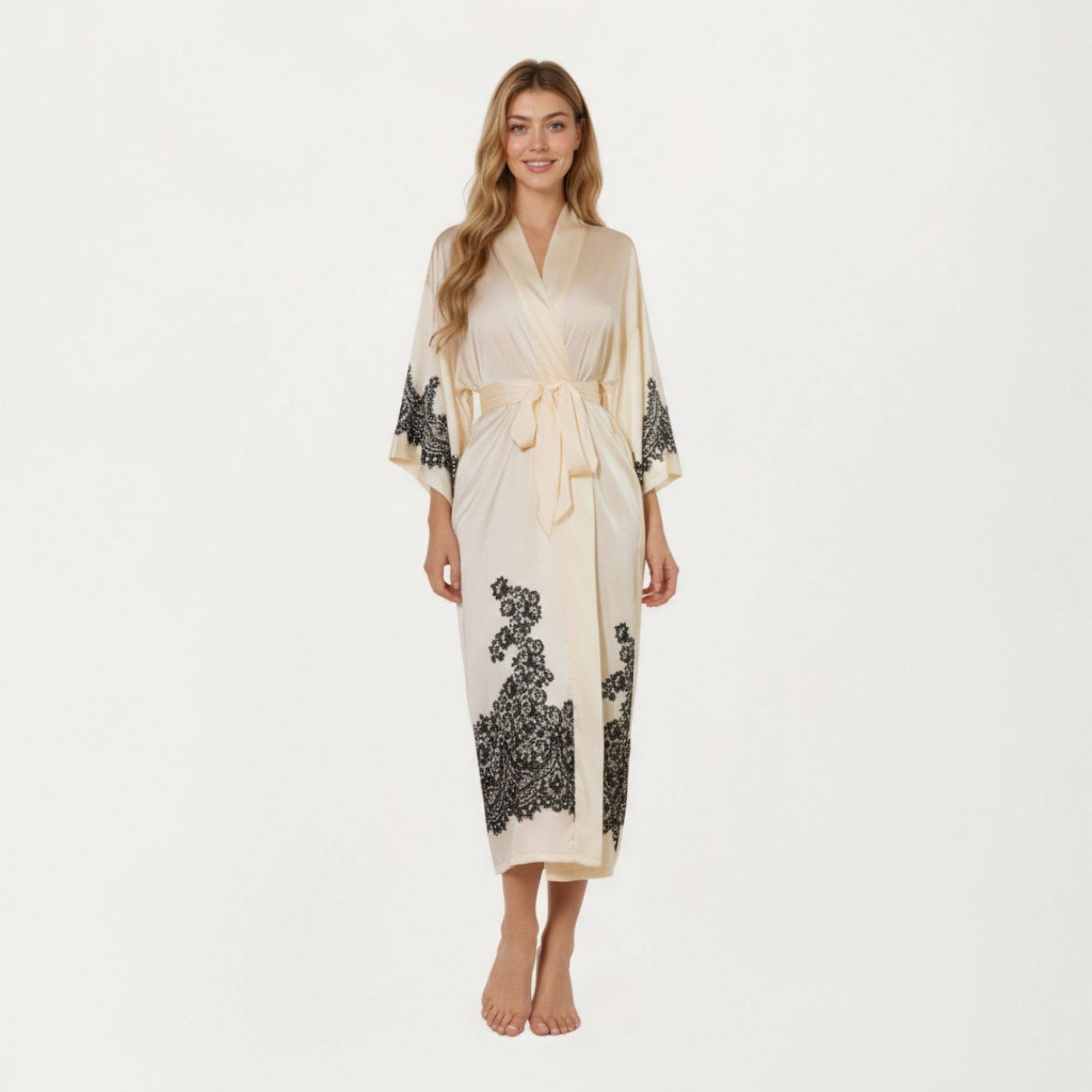 Long Satin Kimono Robe with Tie Waist and Artistic Floral Pr