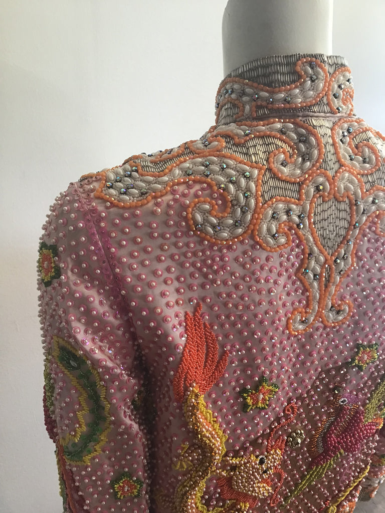 1960s Rare Chinese Pink Silk Handbeaded Jacket with Dragon and Phoenix -size 4/5