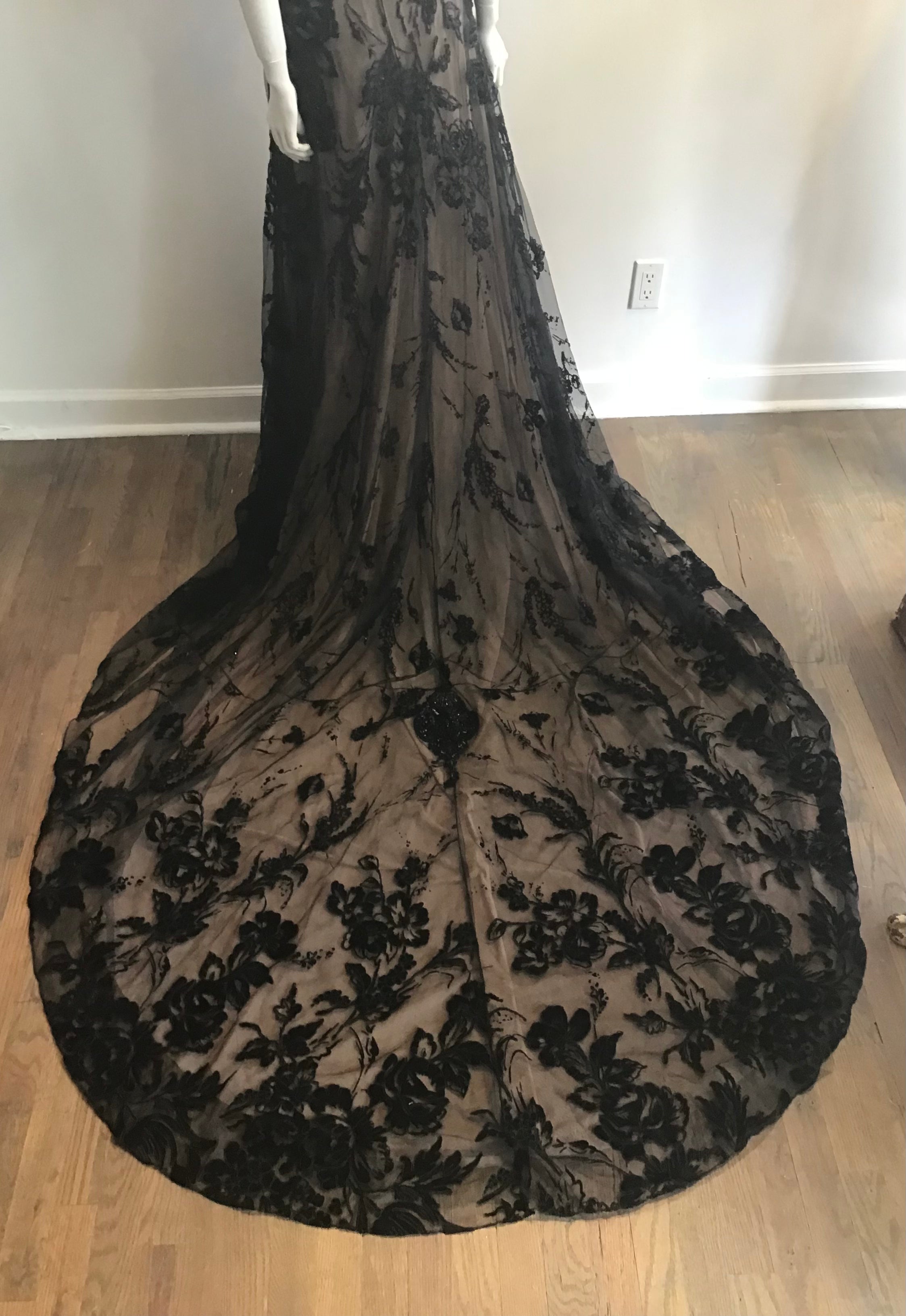 1990s Bagley Mischka Black/beige  Beaded Evening Gown with Train-10/12